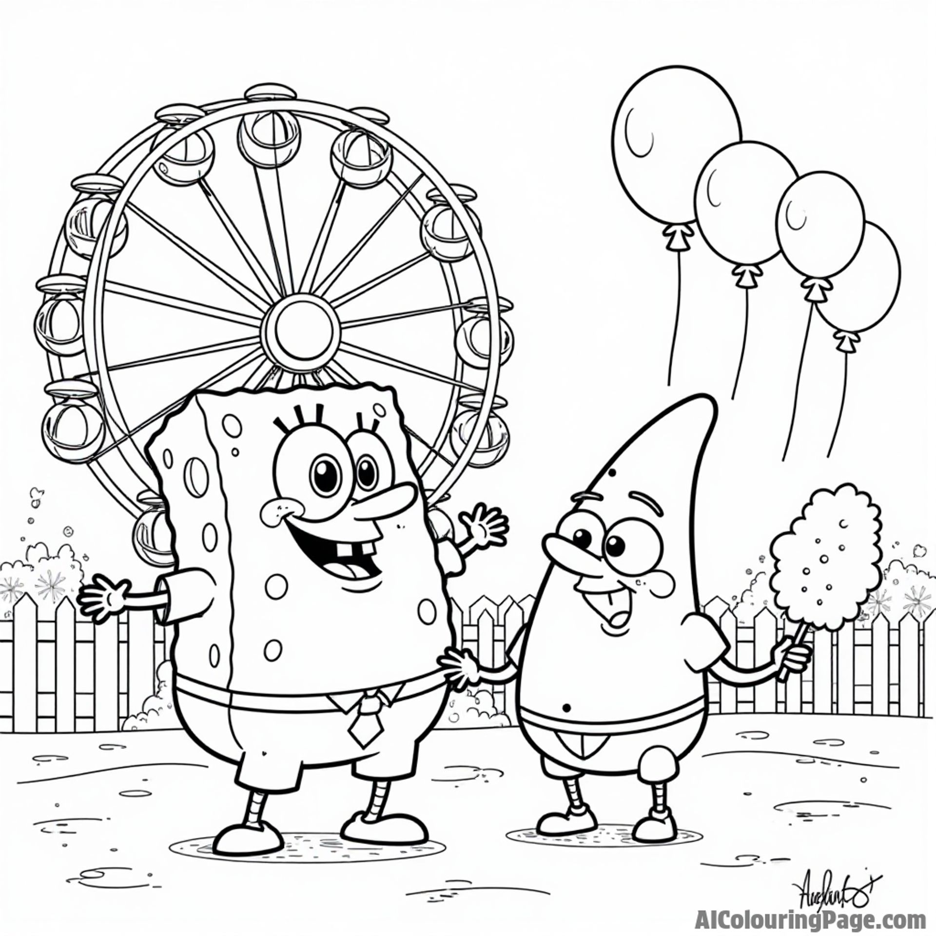 Patrick and SpongeBob having a fun day at the carnival with ferris wheel, cotton candy, and bright balloons floating