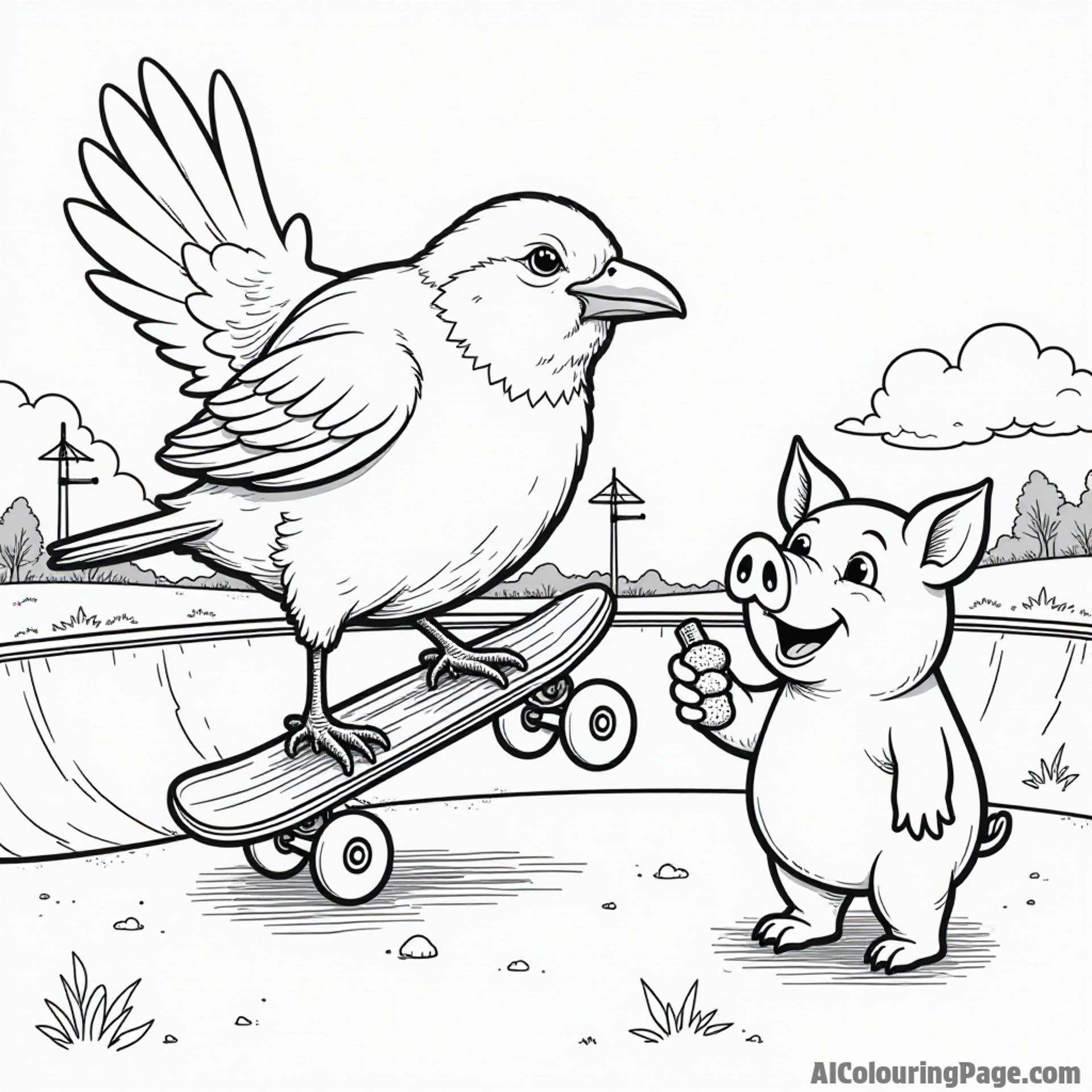 A bird on a skateboard doing tricks at a skate park while a pig cheers from the sidelines with a snack