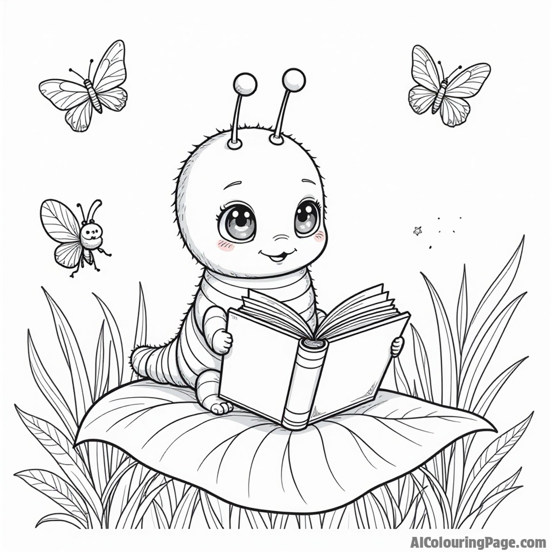 A caterpillar sitting on a leaf reading a book surrounded by curious insects and a gentle breeze for coloring fun.
