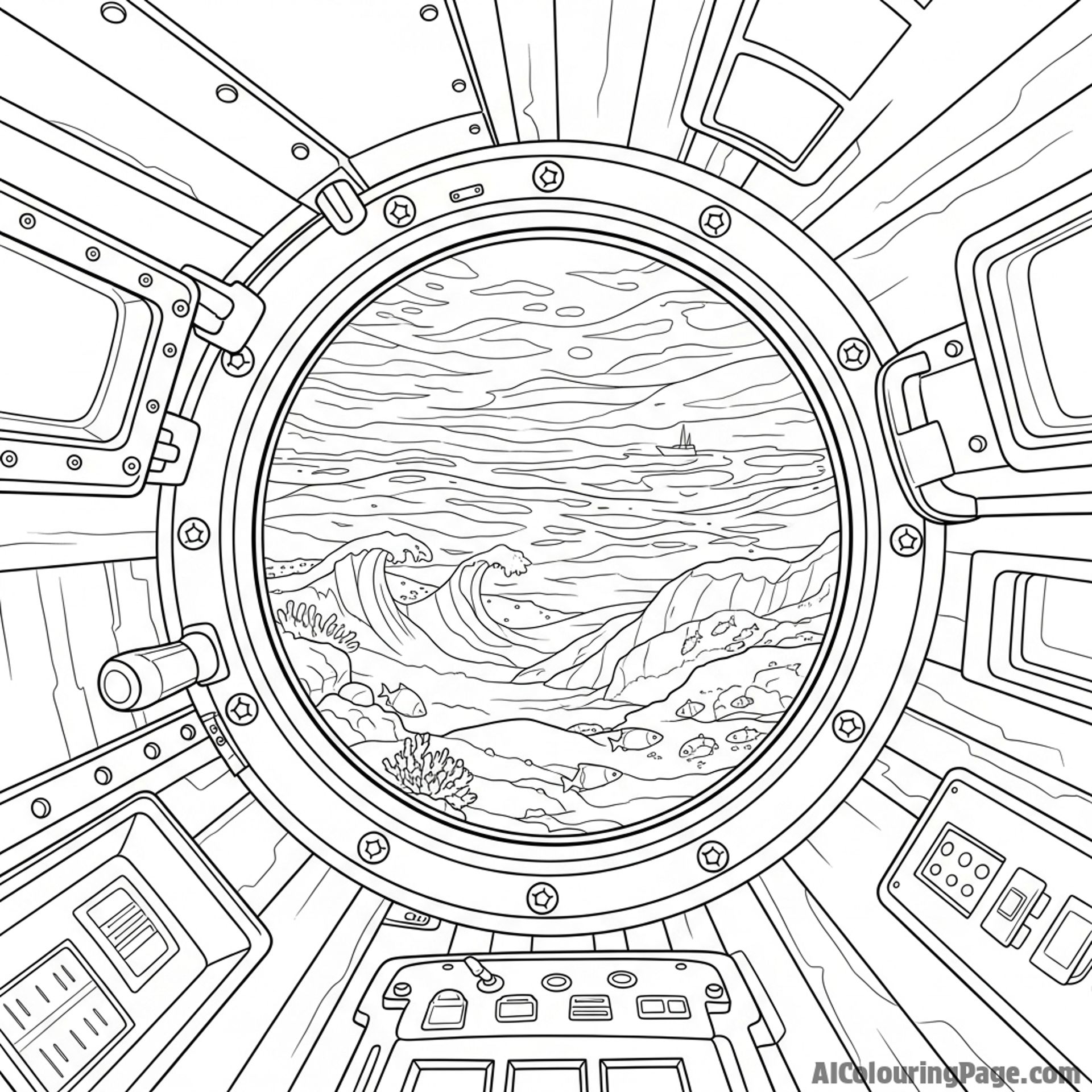 The ocean seen from a porthole of a submarine.