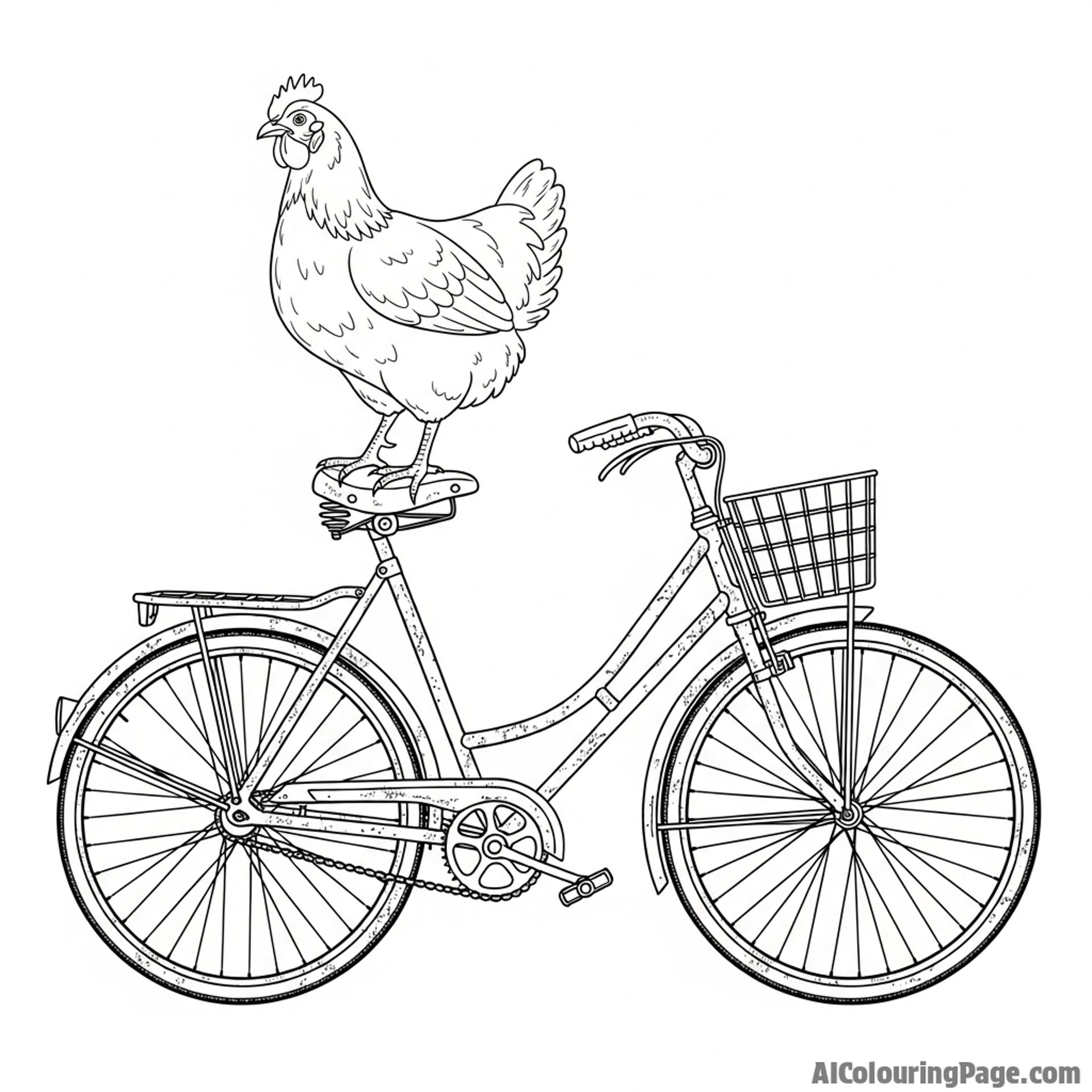 A chicken perched on the handlebars of an old, rusty bicycle.