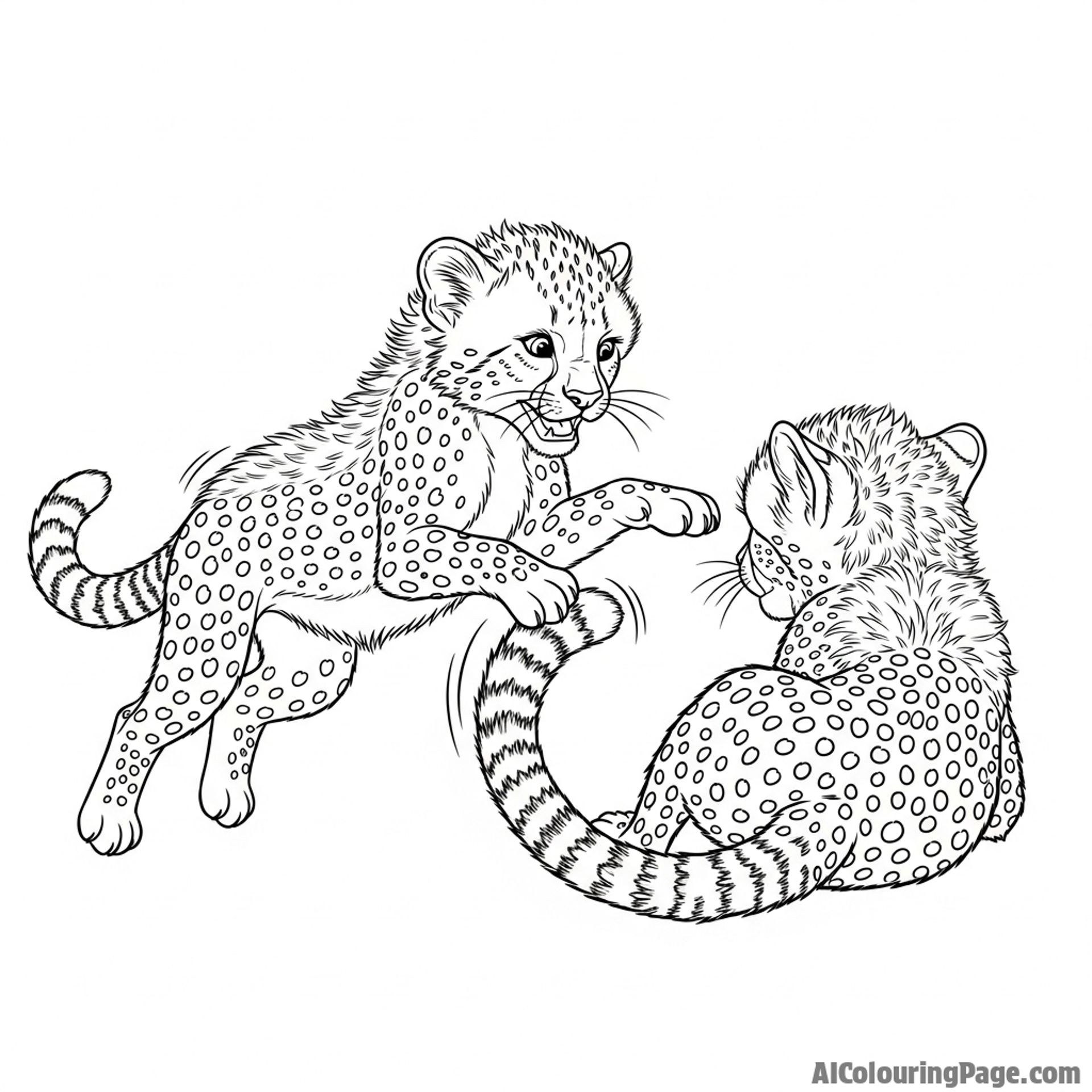 A cheetah cub playfully pouncing on its sibling's twitching tail.