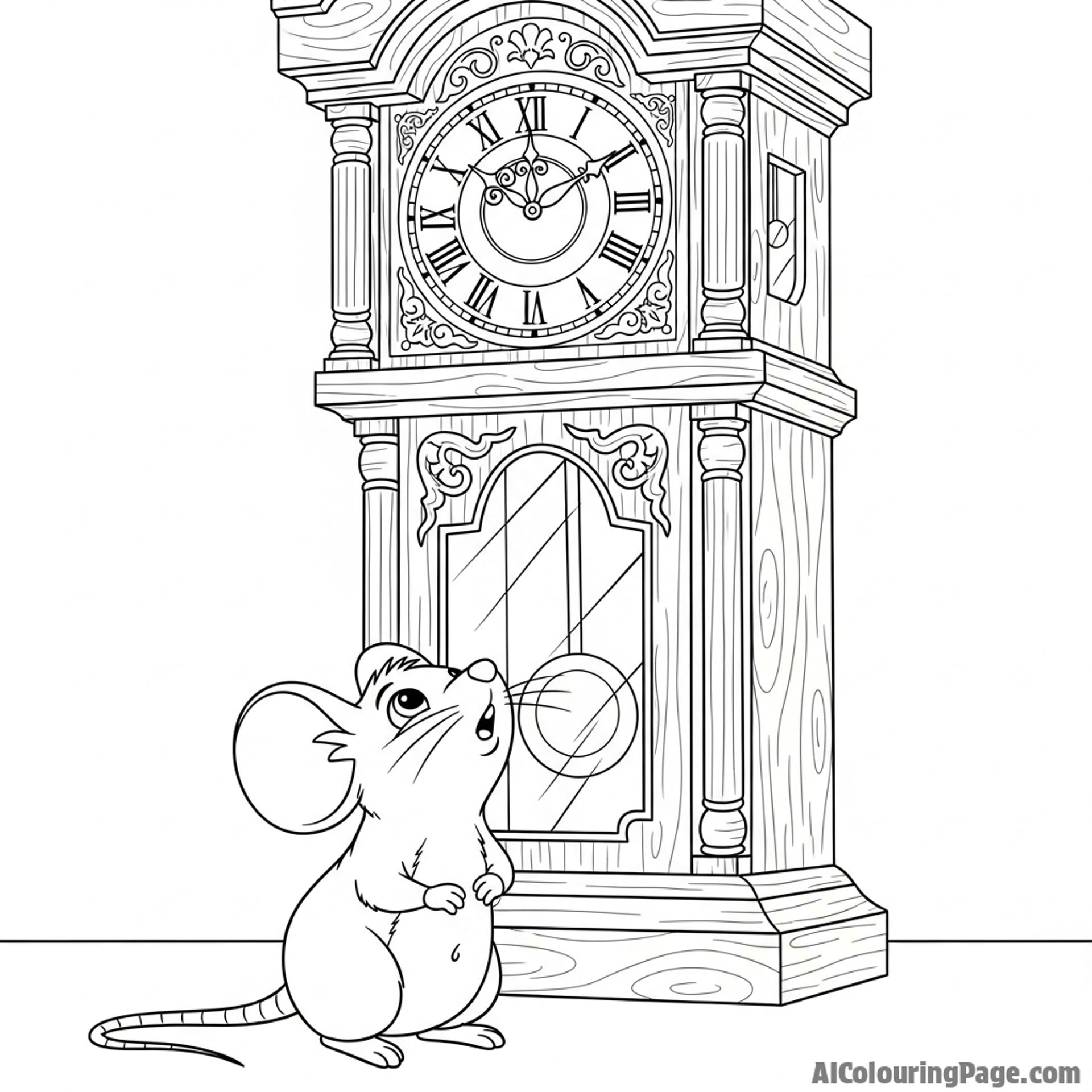 A mouse gazing up at a towering grandfather clock, dwarfed by its immense size.