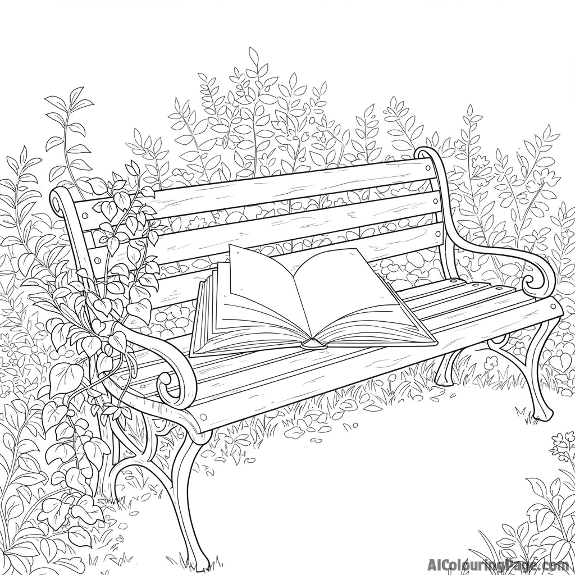 An open book lying on a park bench surrounded by greenery.
