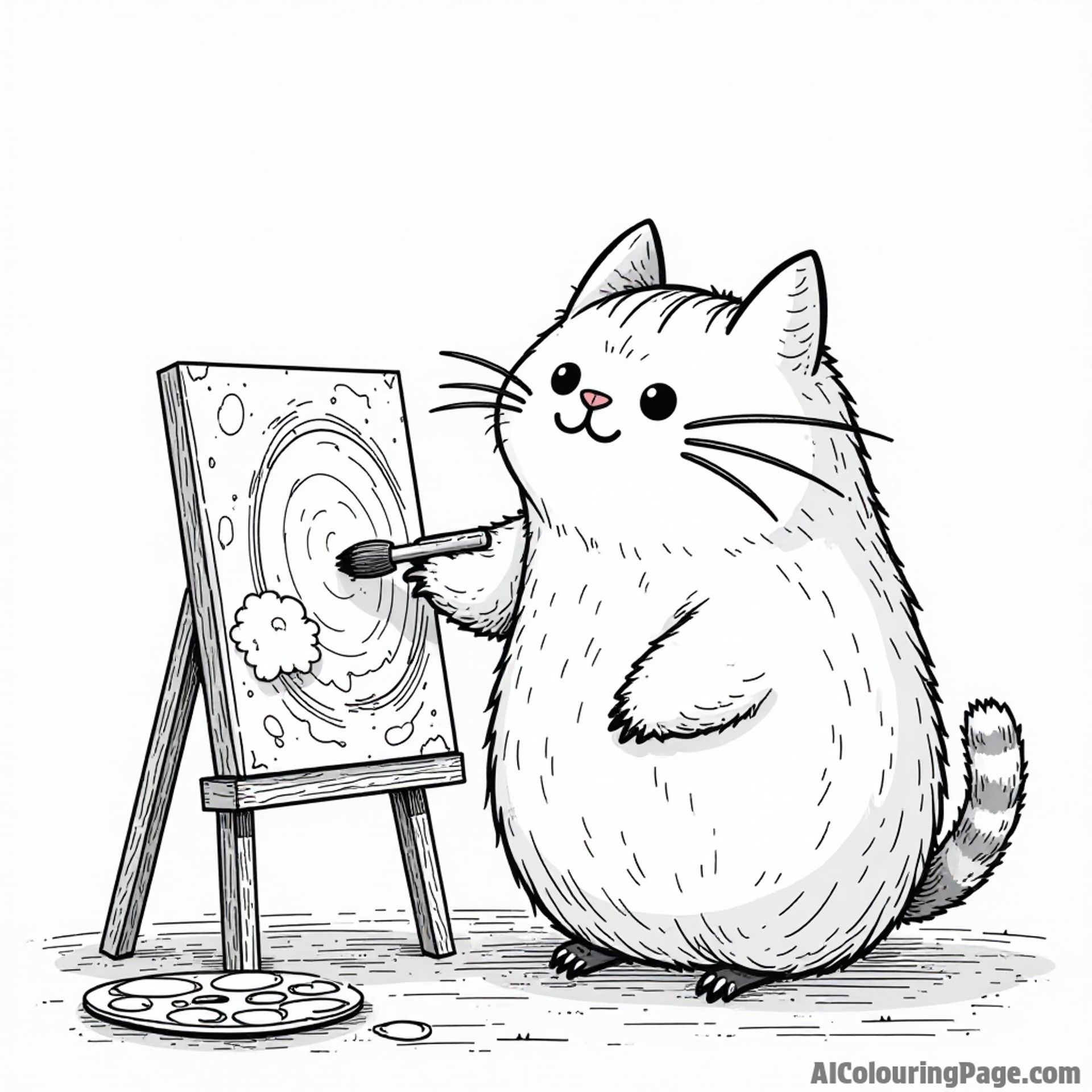 Pusheen as a painter creating a masterpiece on a canvas with splashes of paint and a palette beside it