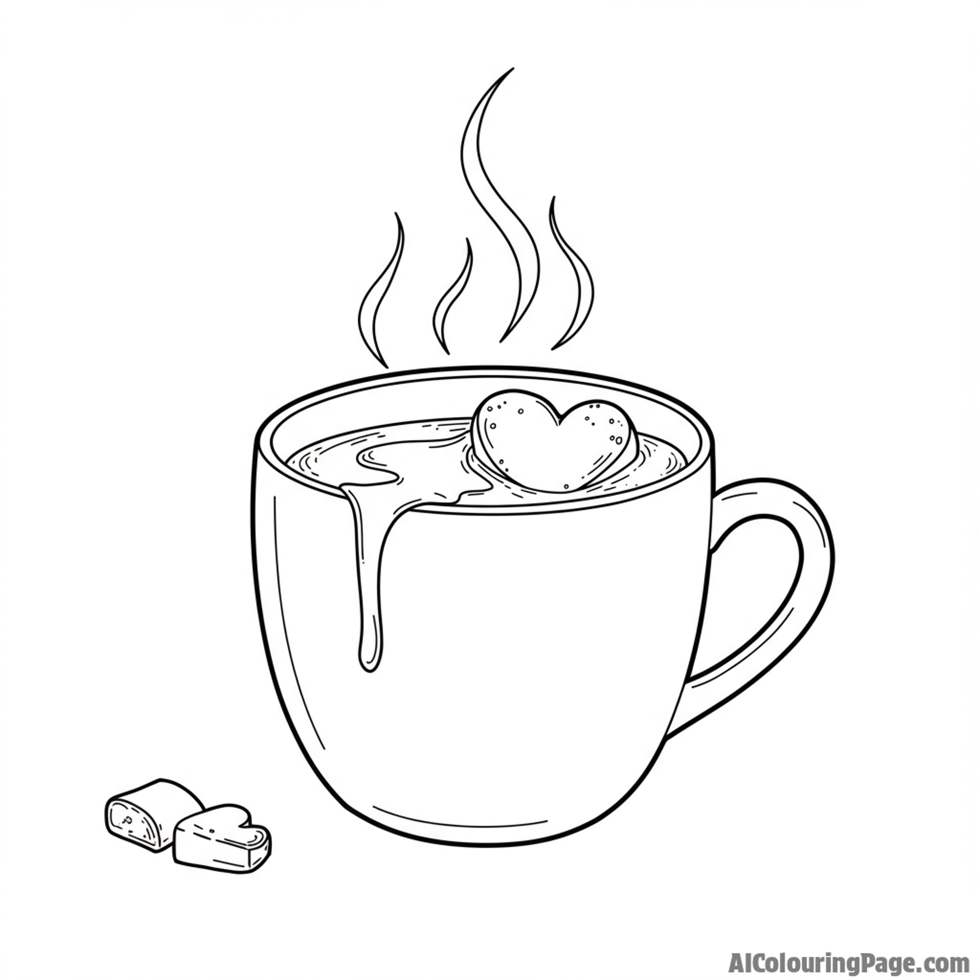 A steaming cup of hot chocolate with a heart-shaped marshmallow melting.