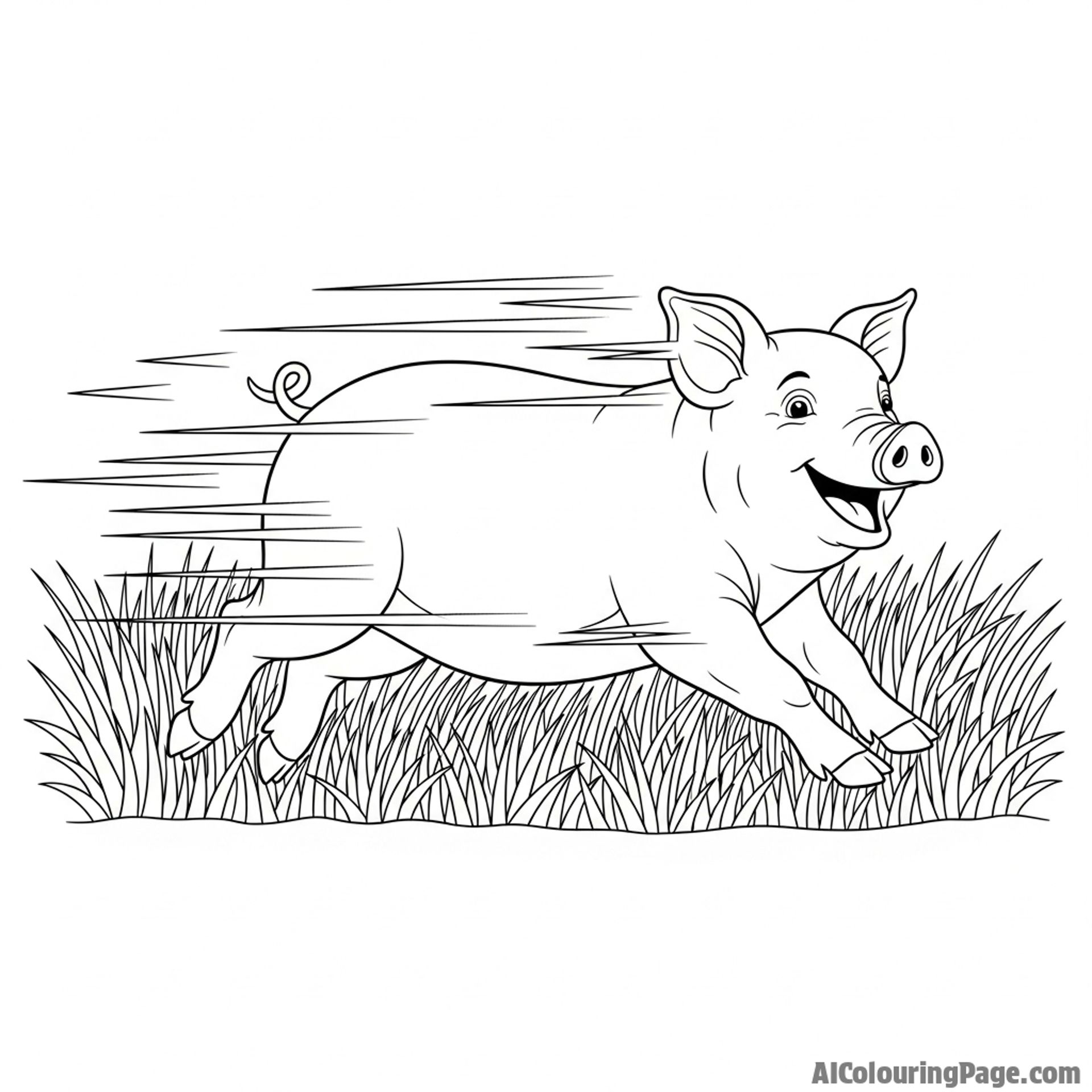 A happy pig running through a field of tall grass, motion blur.