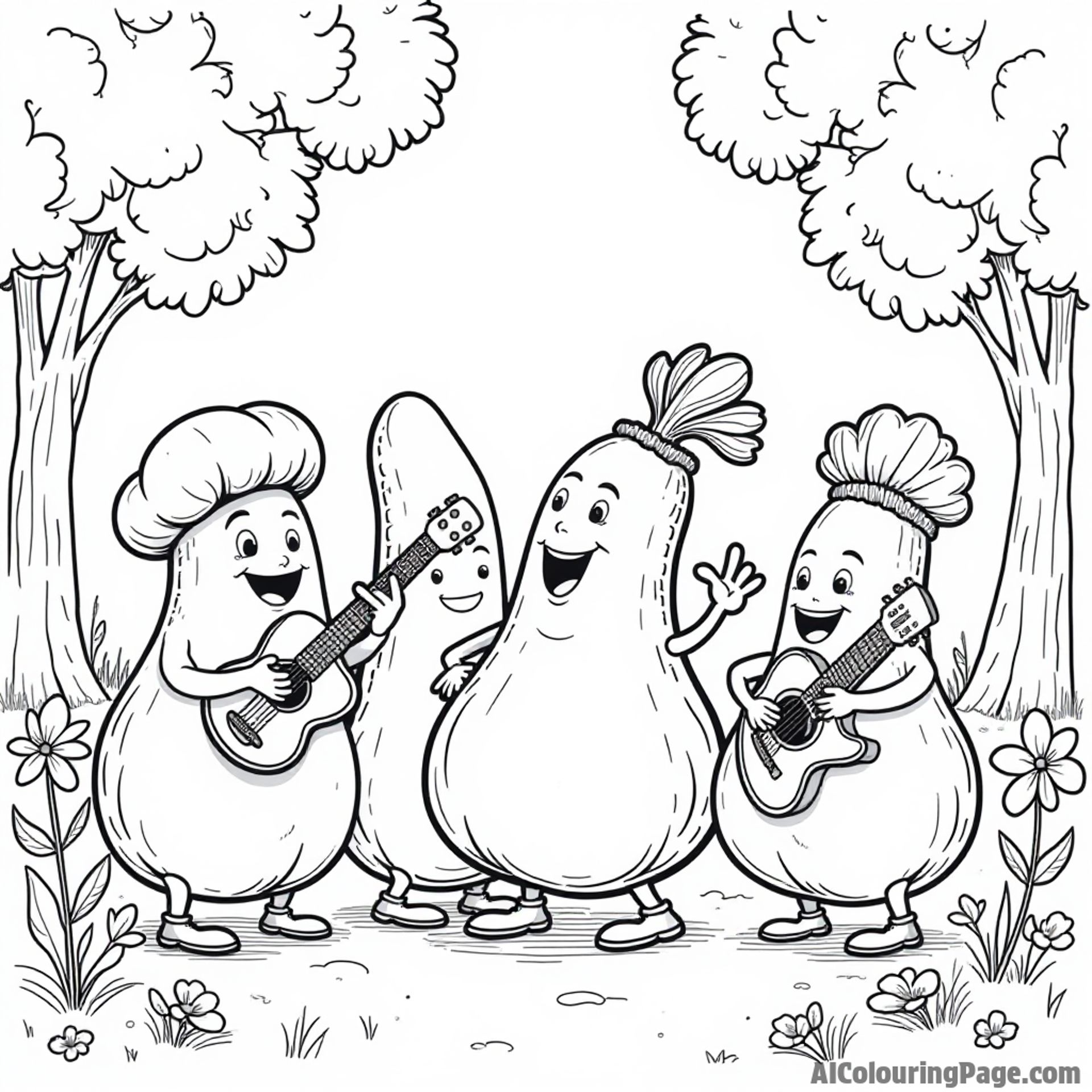 A joyful vegetable band playing music together in a park filled with trees and flowers around them.