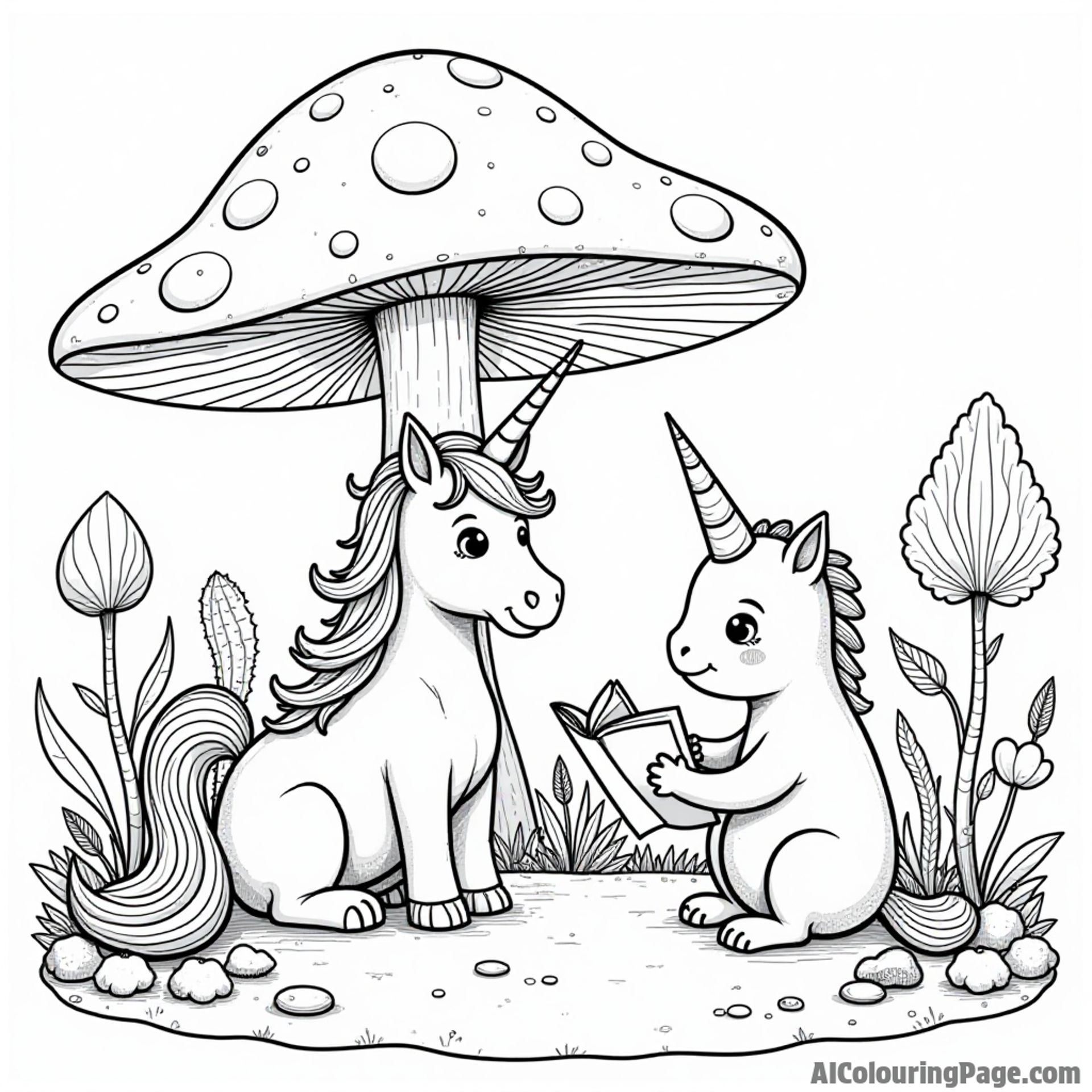 A unicorn and a friendly alien sharing stories under a giant mushroom in an otherworldly garden filled with quirky plants.