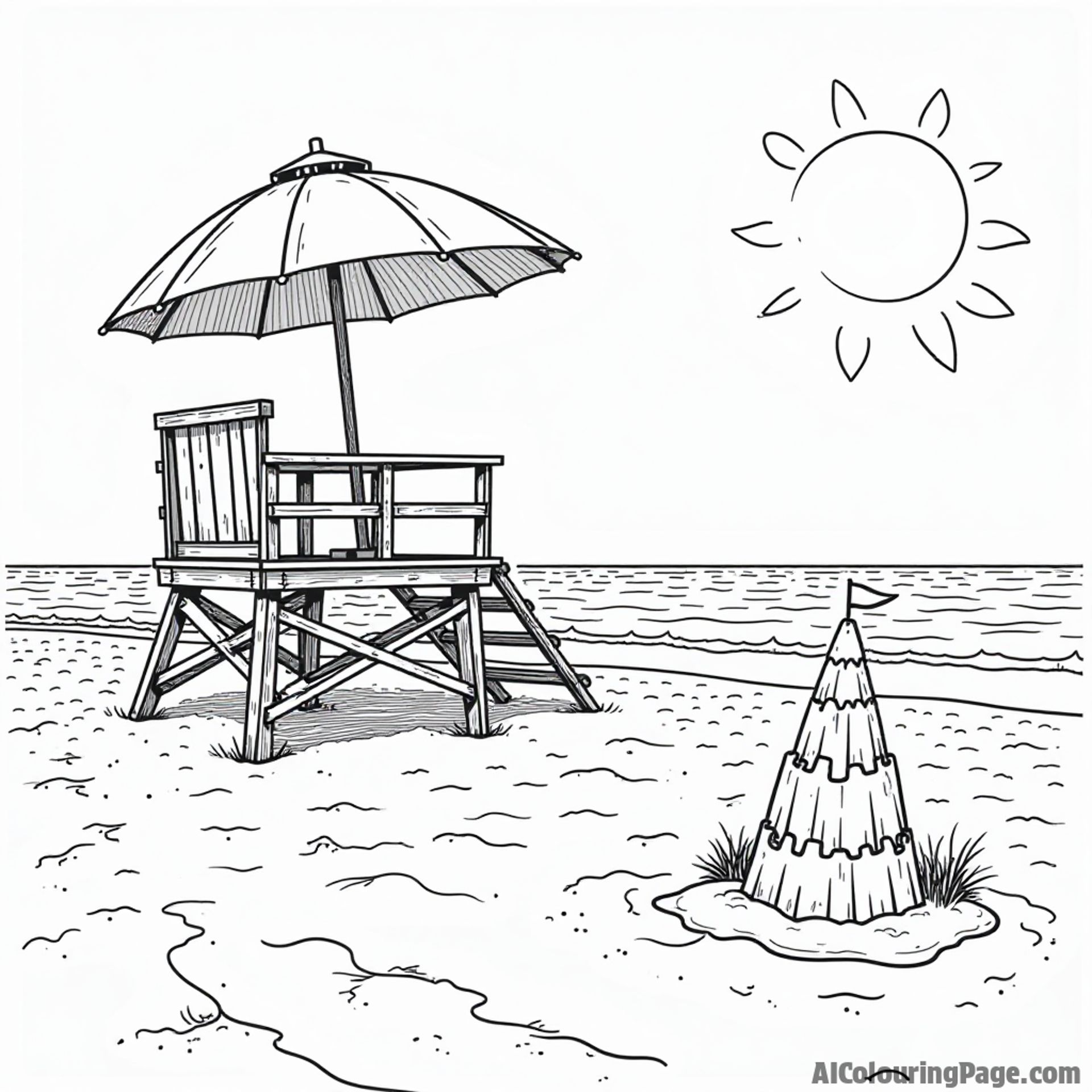 A sunny beach scene with a lifeguard tower, beach umbrella, and sandcastle in New Jersey, perfect for coloring fun.