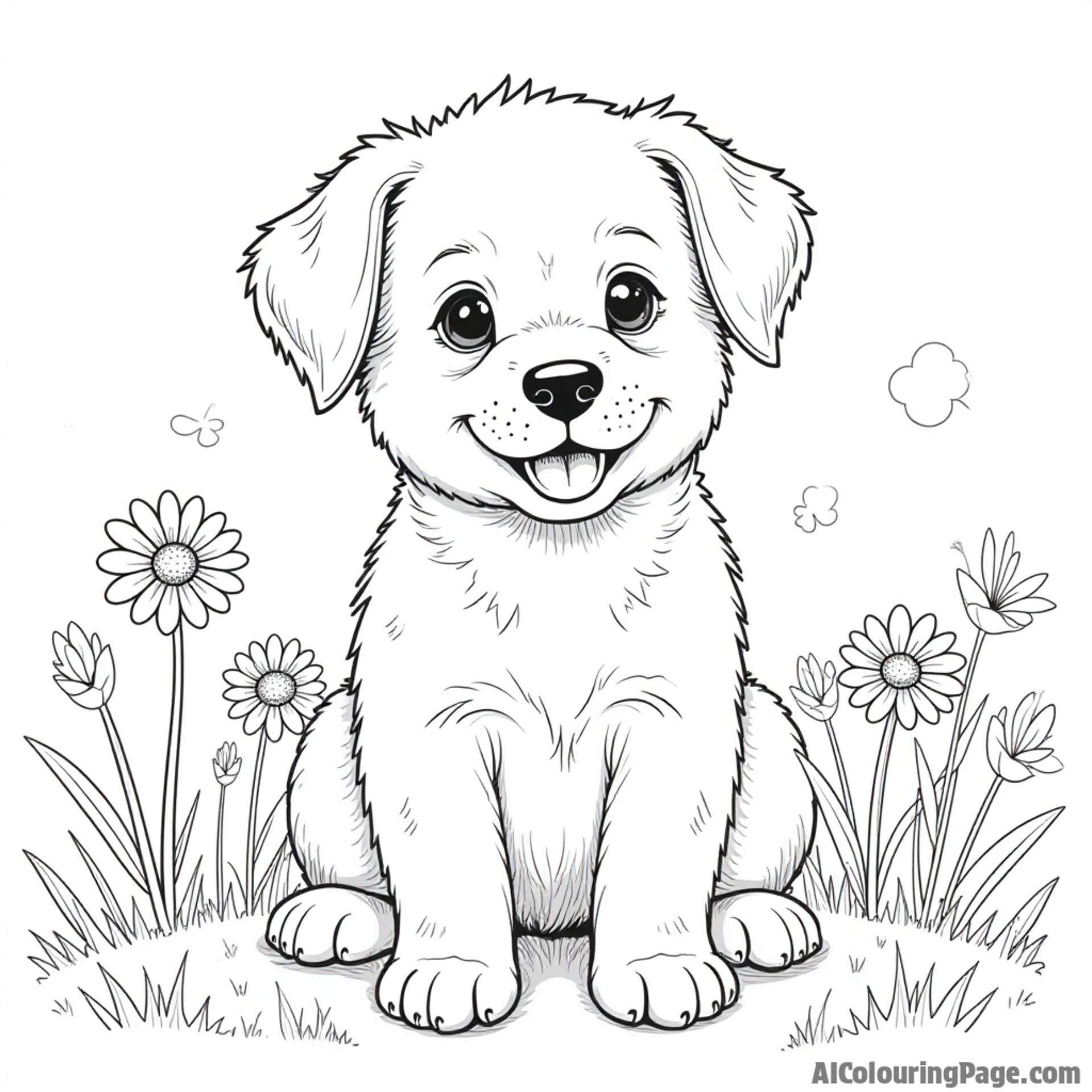 Puppy coloring page, in a field of daisies, summer scene, joyful atmosphere.