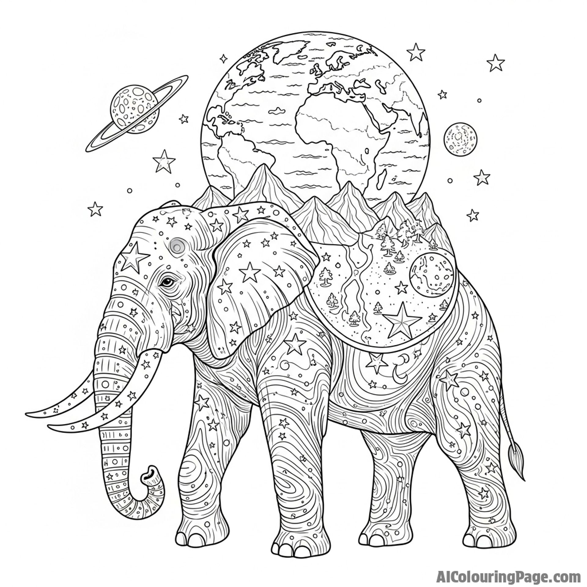 The world carried on the back of a cosmic, star-bearing elephant.