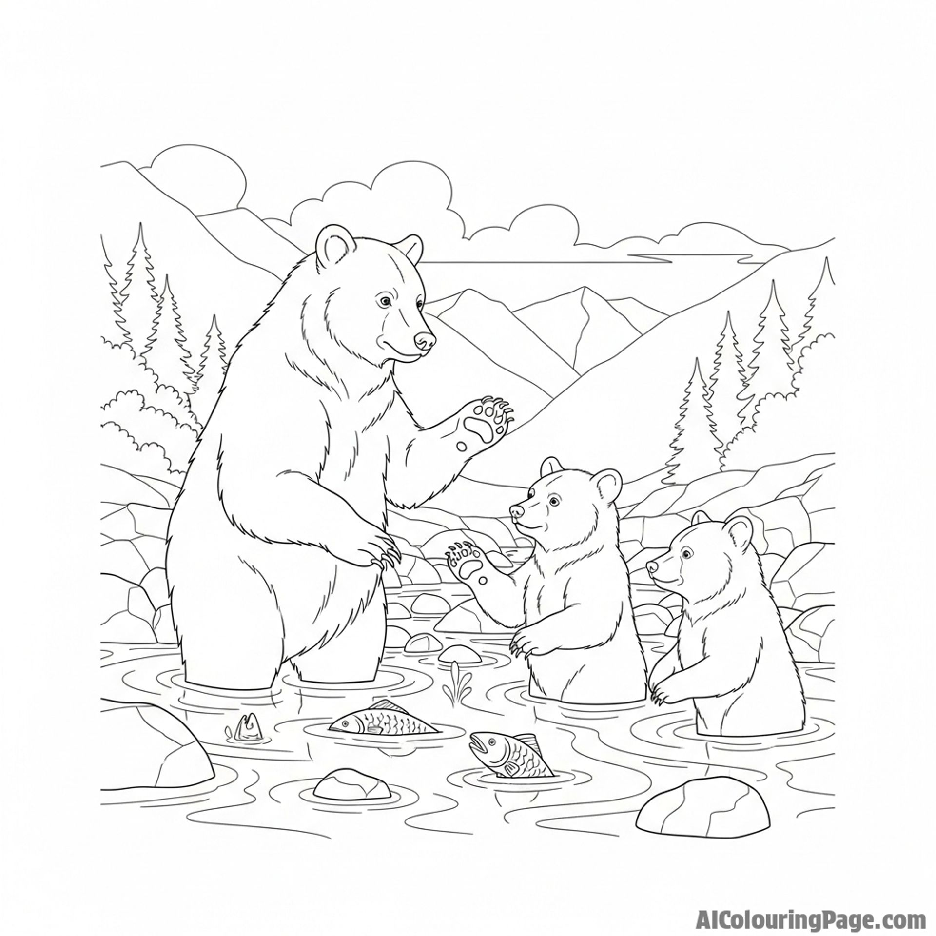 A mother bear teaching her cubs to fish in a mountain stream
