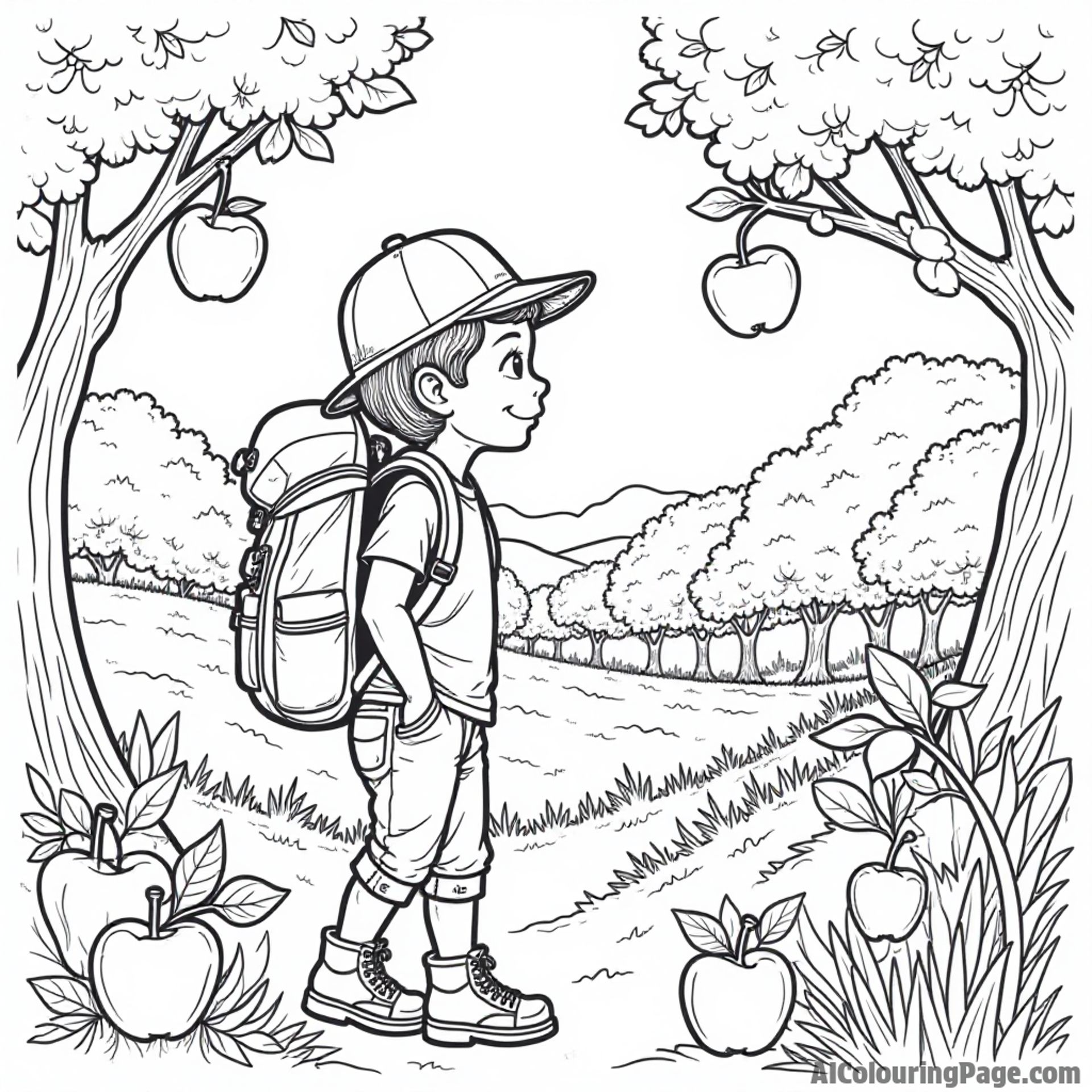 An adventurous apple explorer with a backpack, discovering a hidden orchard filled with unique apple varieties.