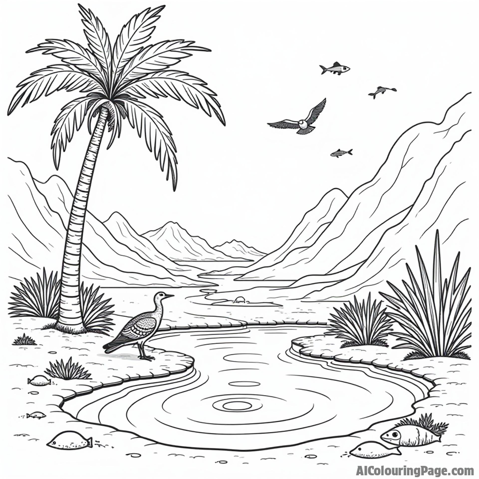A serene oasis scene with a palm tree, a small pool of water, and wildlife like birds and fish, illustrating the importance of water and nature in ancient Egyptian civilization.