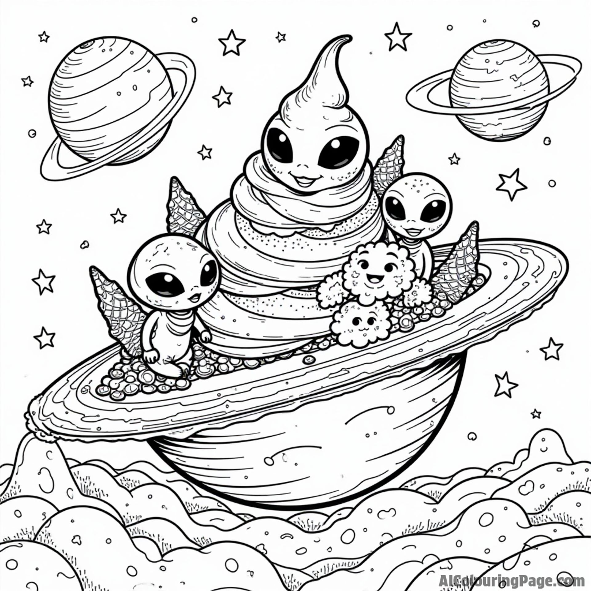 A whimsical ice cream planet with aliens enjoying various ice cream treats in a colorful galaxy