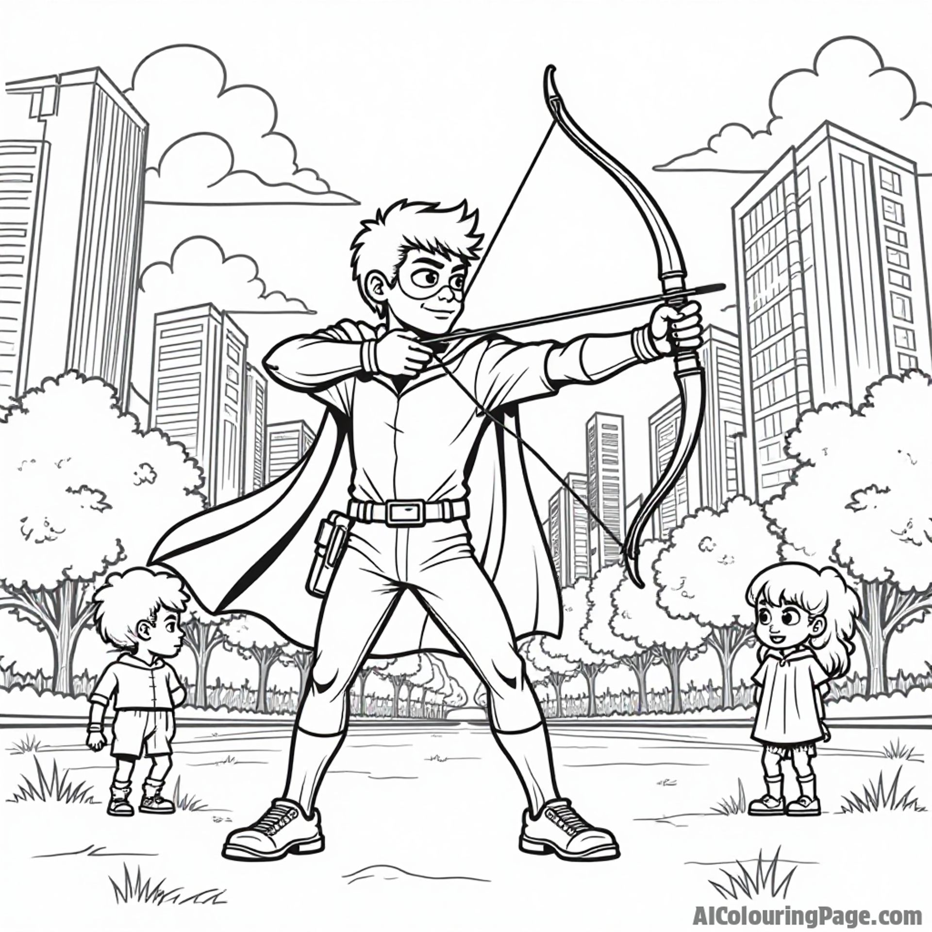 A superhero character practicing archery in a city park, with tall buildings and children watching in awe, blending sports and adventure in an exciting urban environment for kids.