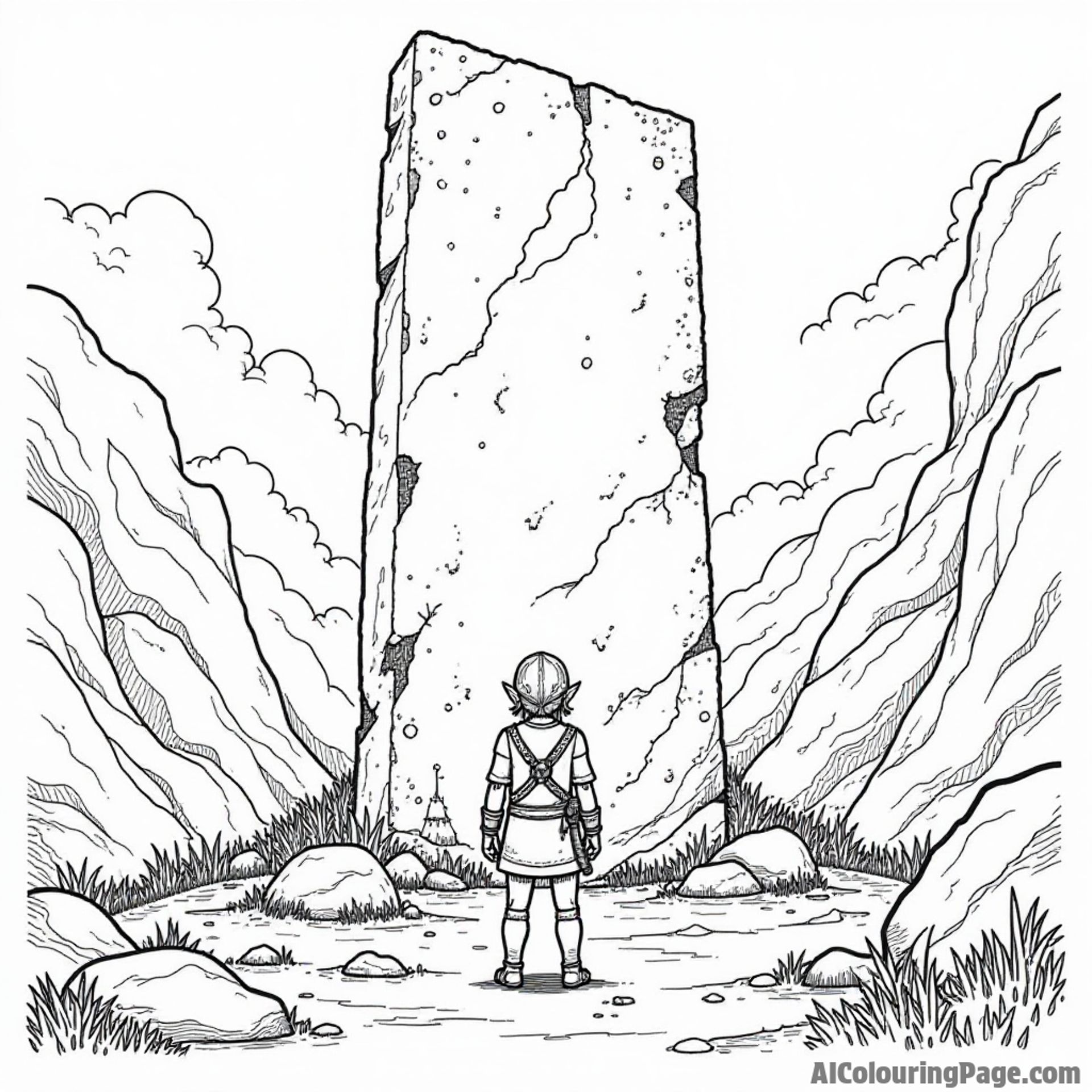 Link standing in front of a giant stone statue, with ancient carvings, moss-covered rocks, and a sense of history around