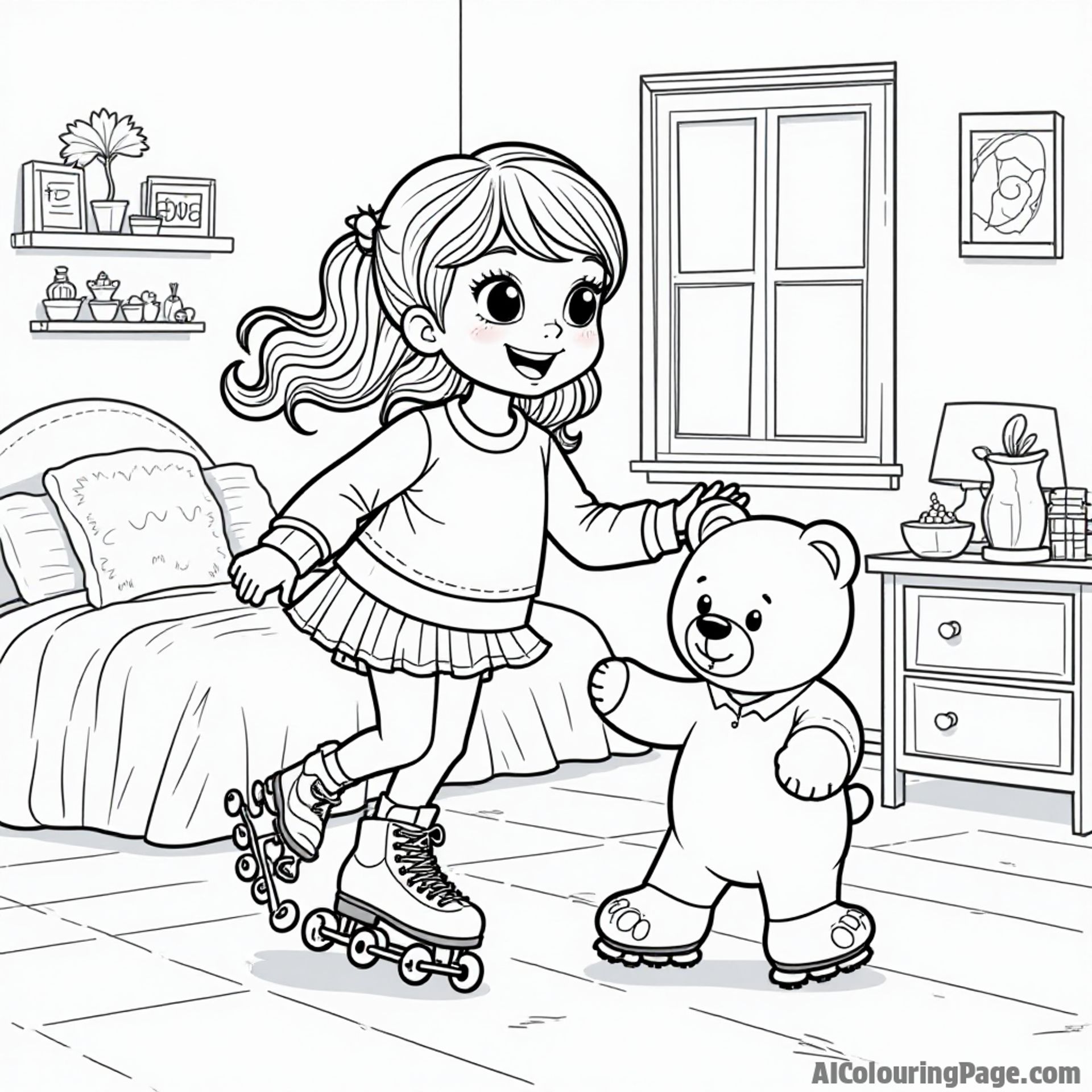 A girl roller-skating with her teddy bear in a cozy bedroom, surrounded by toys and colorful drawings, showcasing indoor sports activities in a comforting coloring page for children.