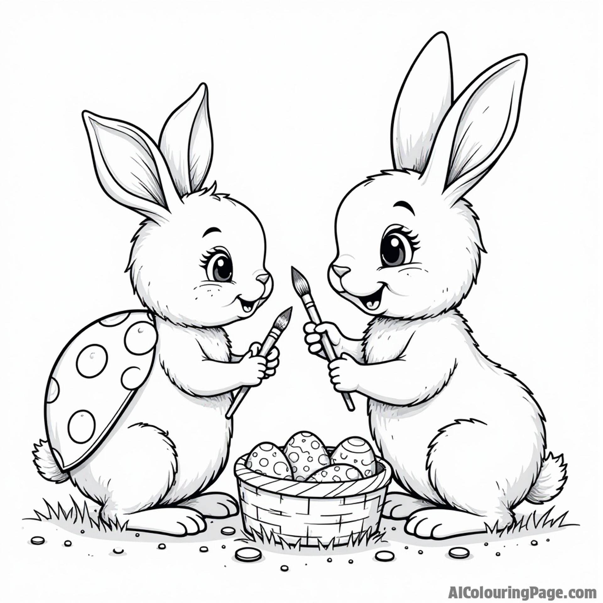 A ladybug and a bunny painting colorful eggs for spring, with a basket of paints and brushes beside them.