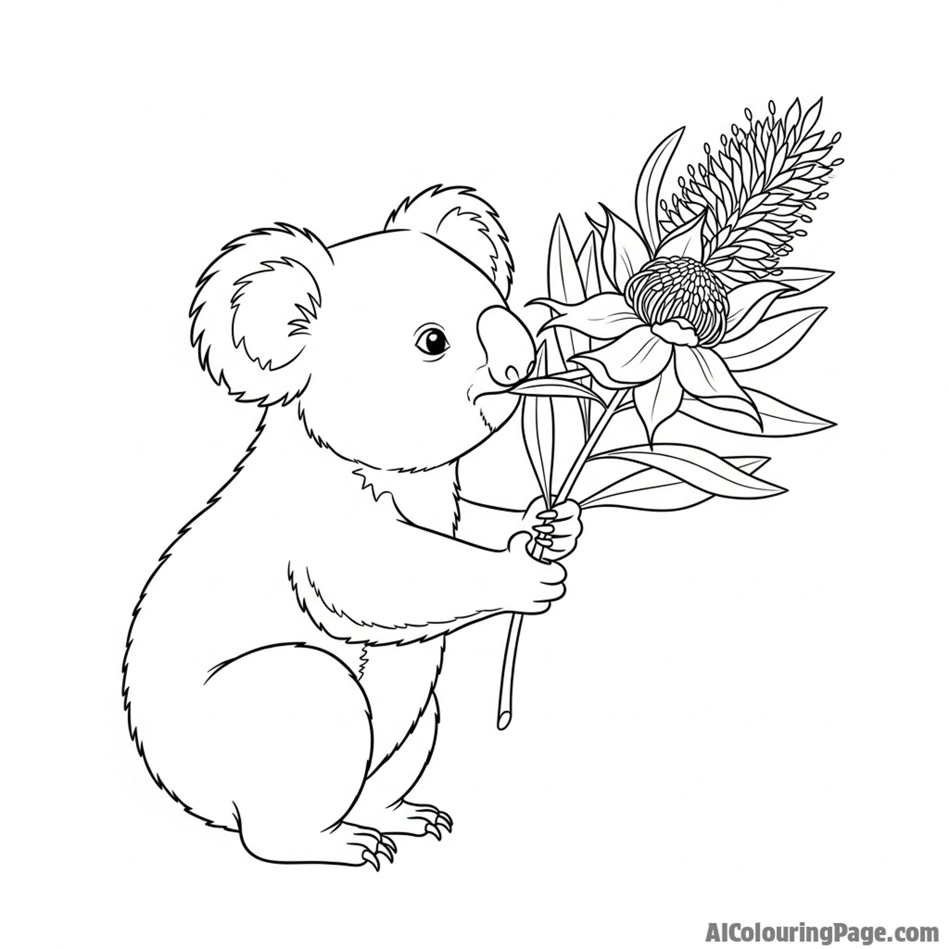 A koala delicately sniffing a native wildflower.