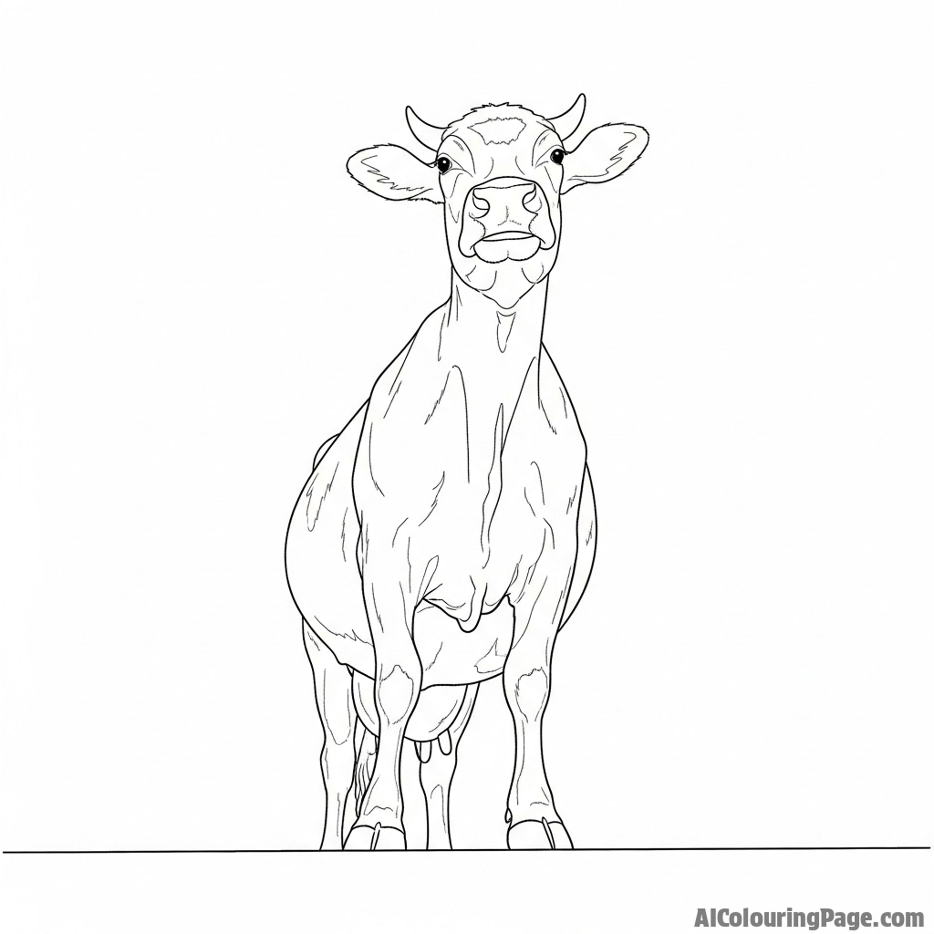 A worm\'s-eye view of a massive cow, its form dominating the sky.