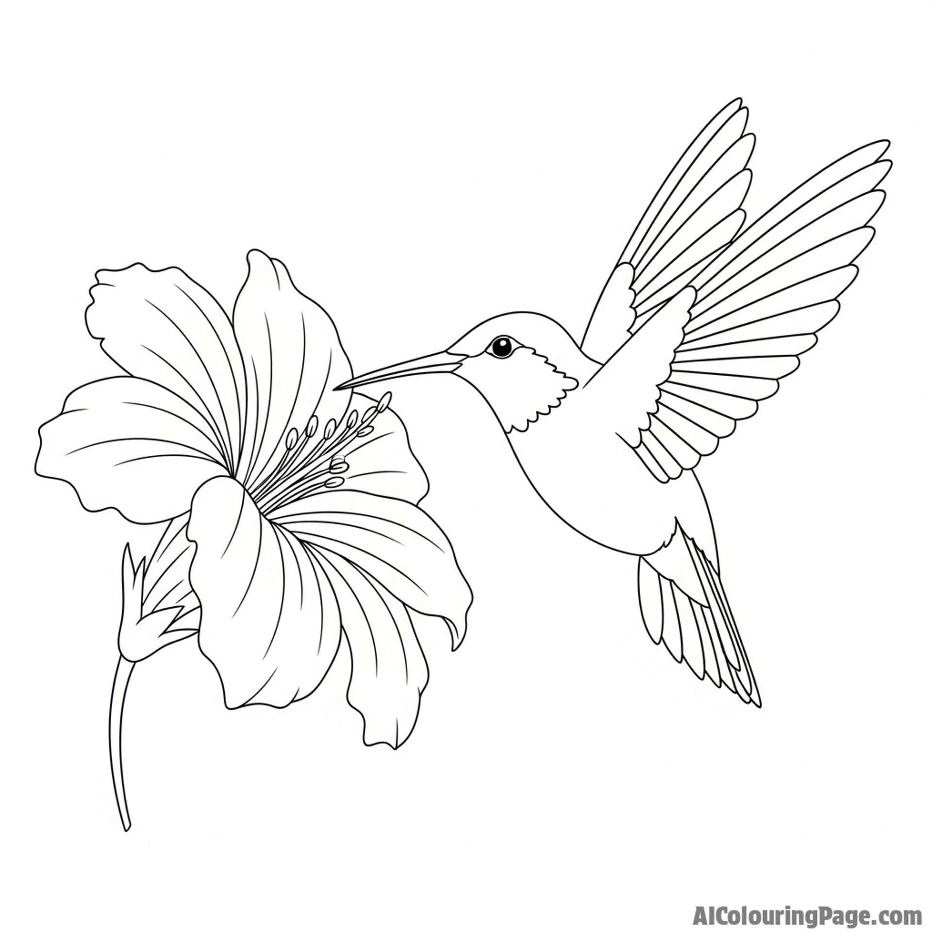 A hummingbird frozen in mid-air, its wings a blur of motion next to a flower