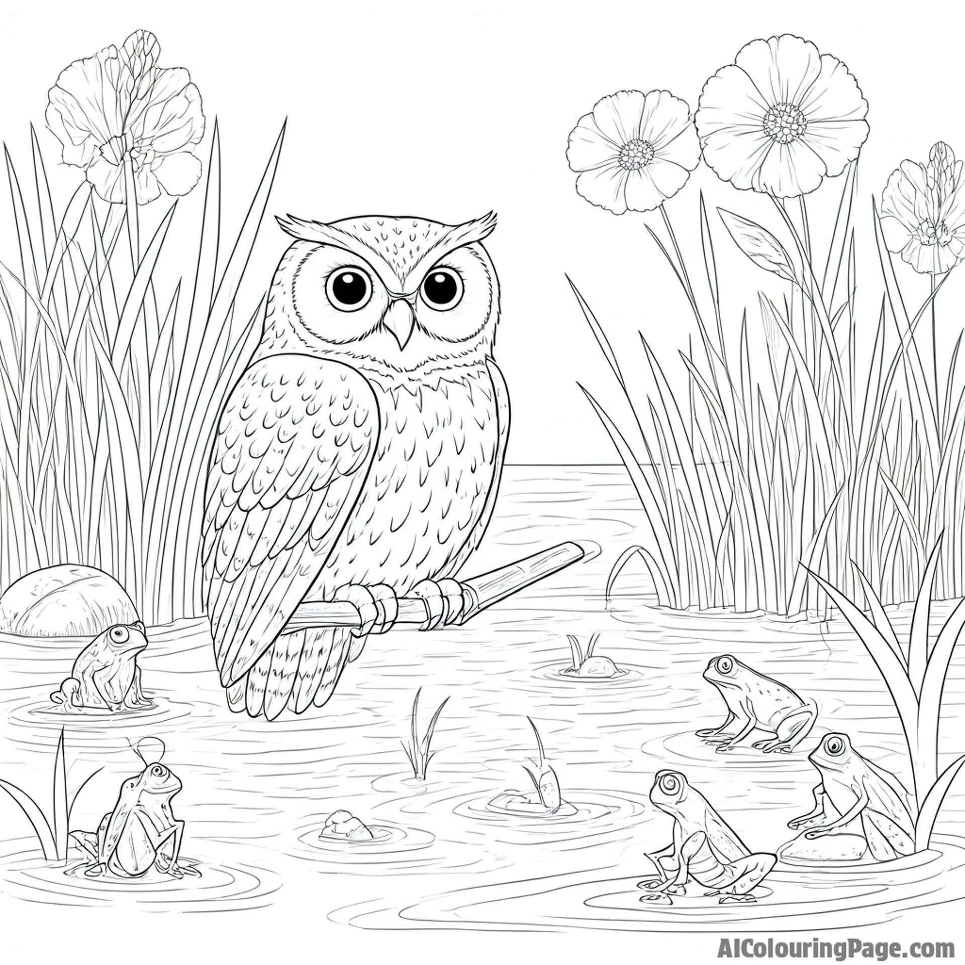 An owl conducting an orchestra of crickets and frogs in a swamp.