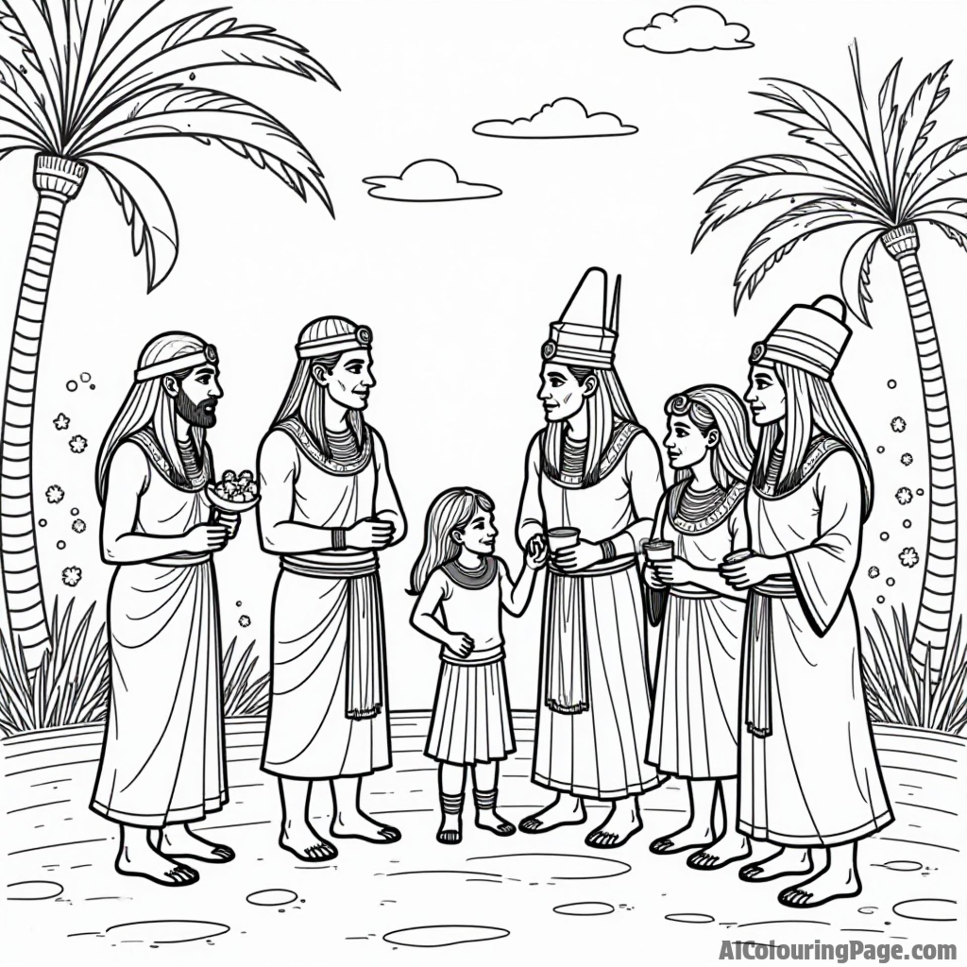 A gathering of ancient Egyptian families celebrating a festival, with colorful decorations, food, and music, allowing children to color and learn about traditions and social life in ancient Egypt.