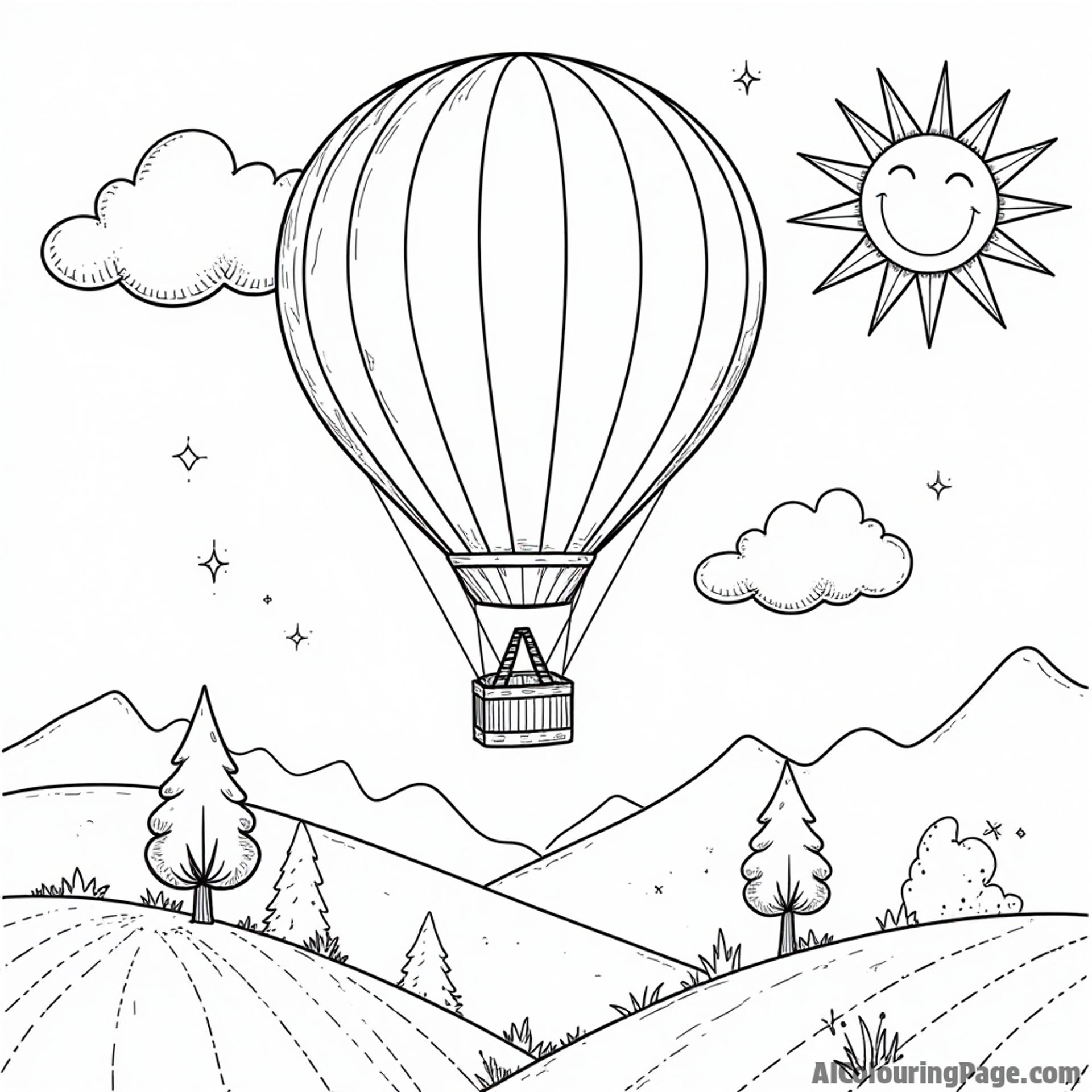 A whimsical hot air balloon with a giant smiling sun, floating above a cheerful landscape with hills and trees, perfect for adventurous kids to bring to life with color.