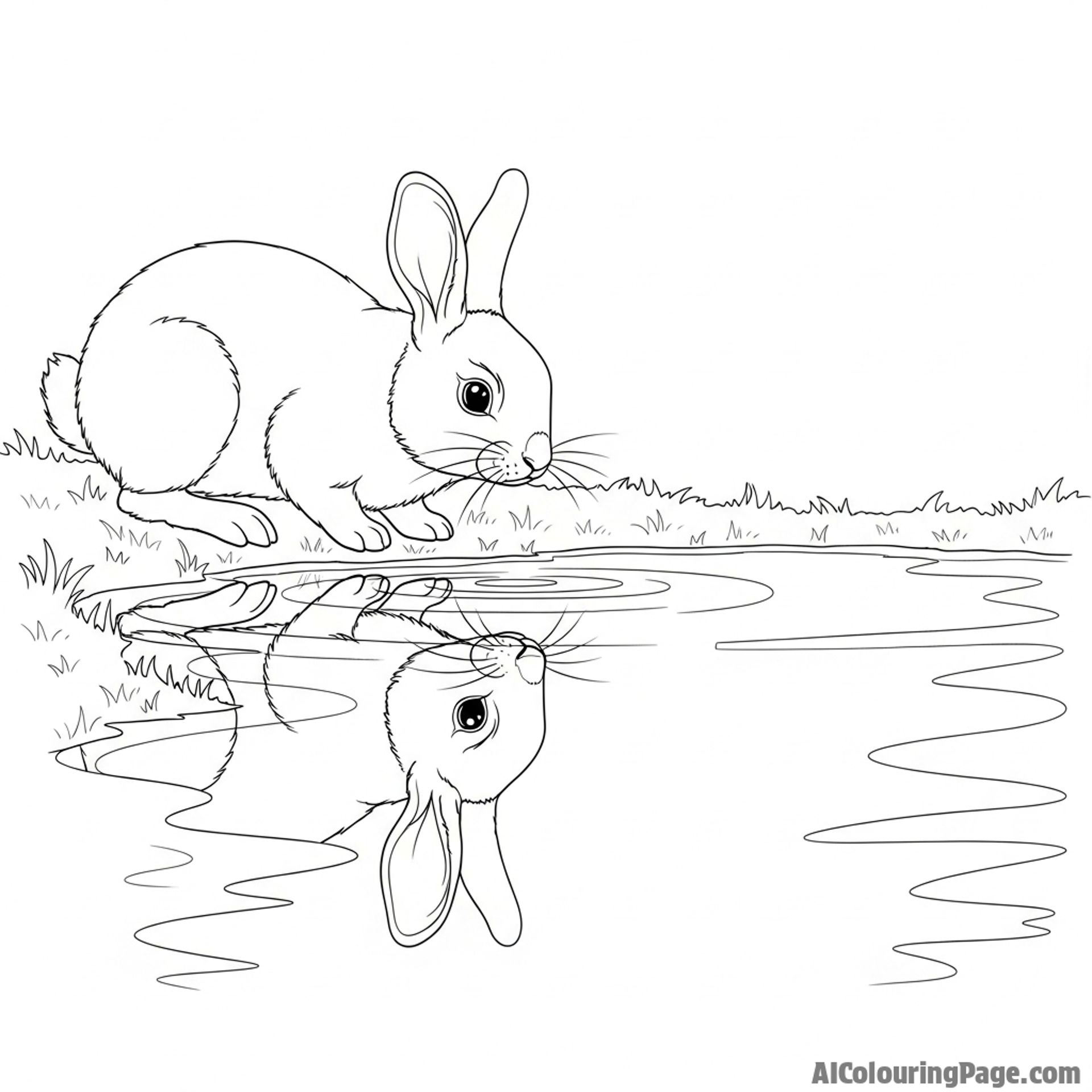 A rabbit looking at its reflection in a still pond.