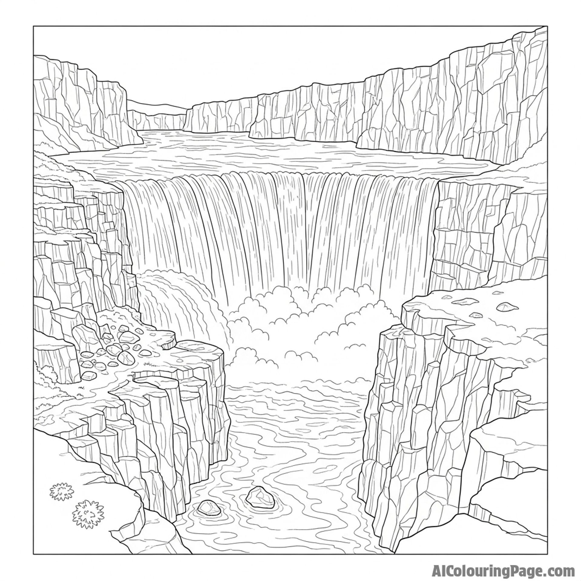 A powerful waterfall carving its way through a rocky gorge.