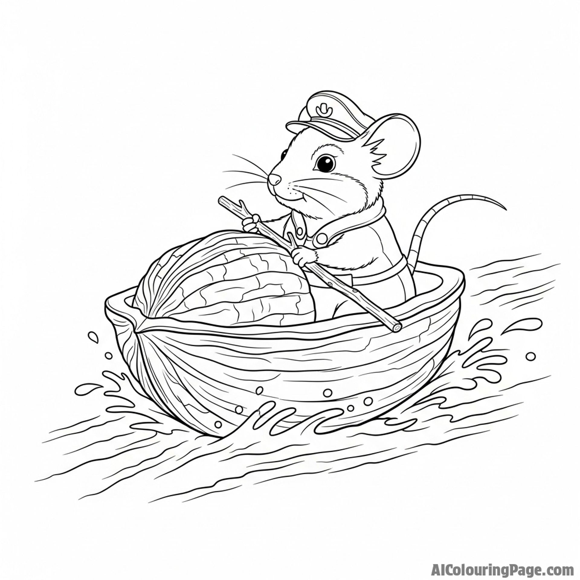 An adventurous mouse steering a walnut shell boat down a rushing stream.