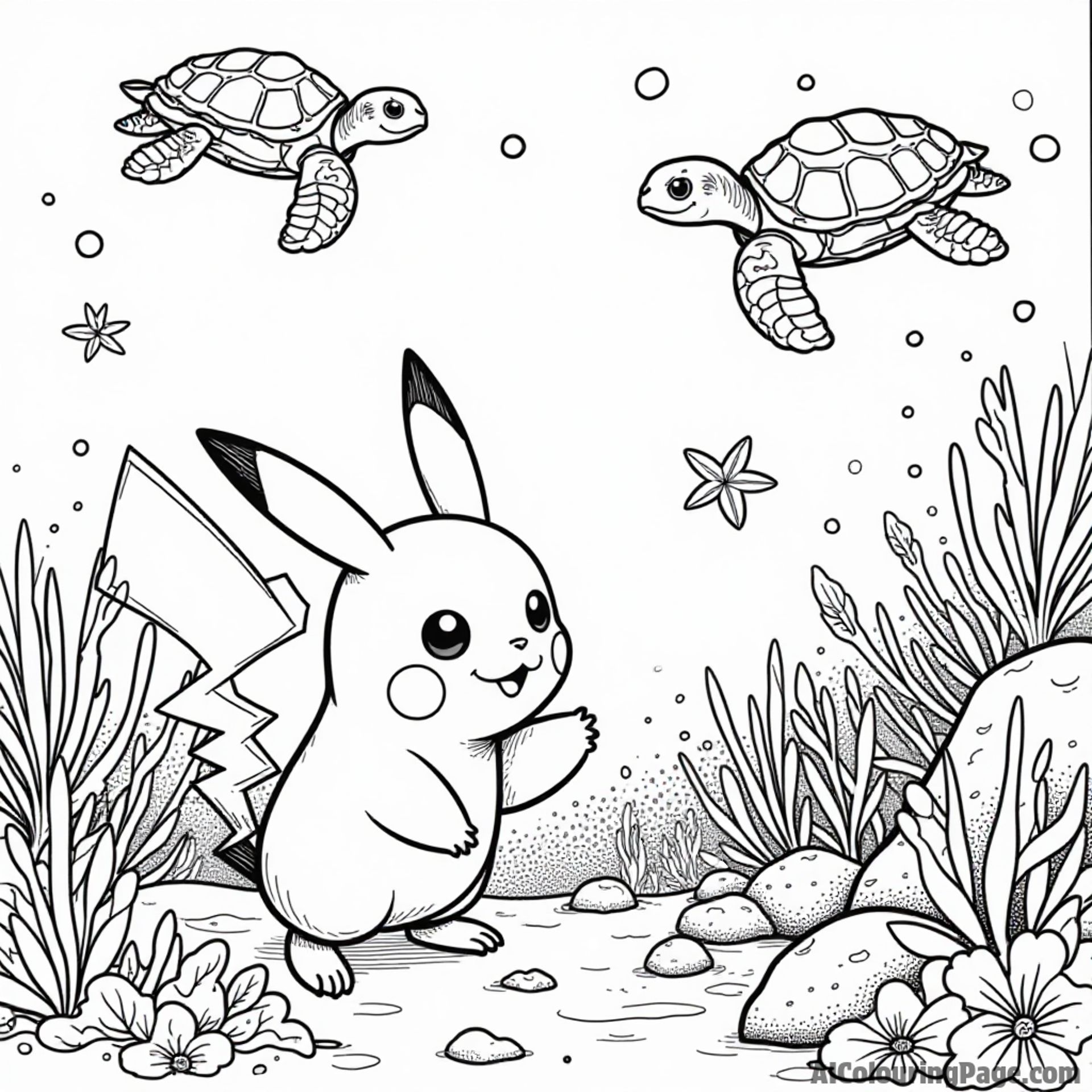 Pikachu exploring a colorful coral reef with sea turtles and starfish in the water