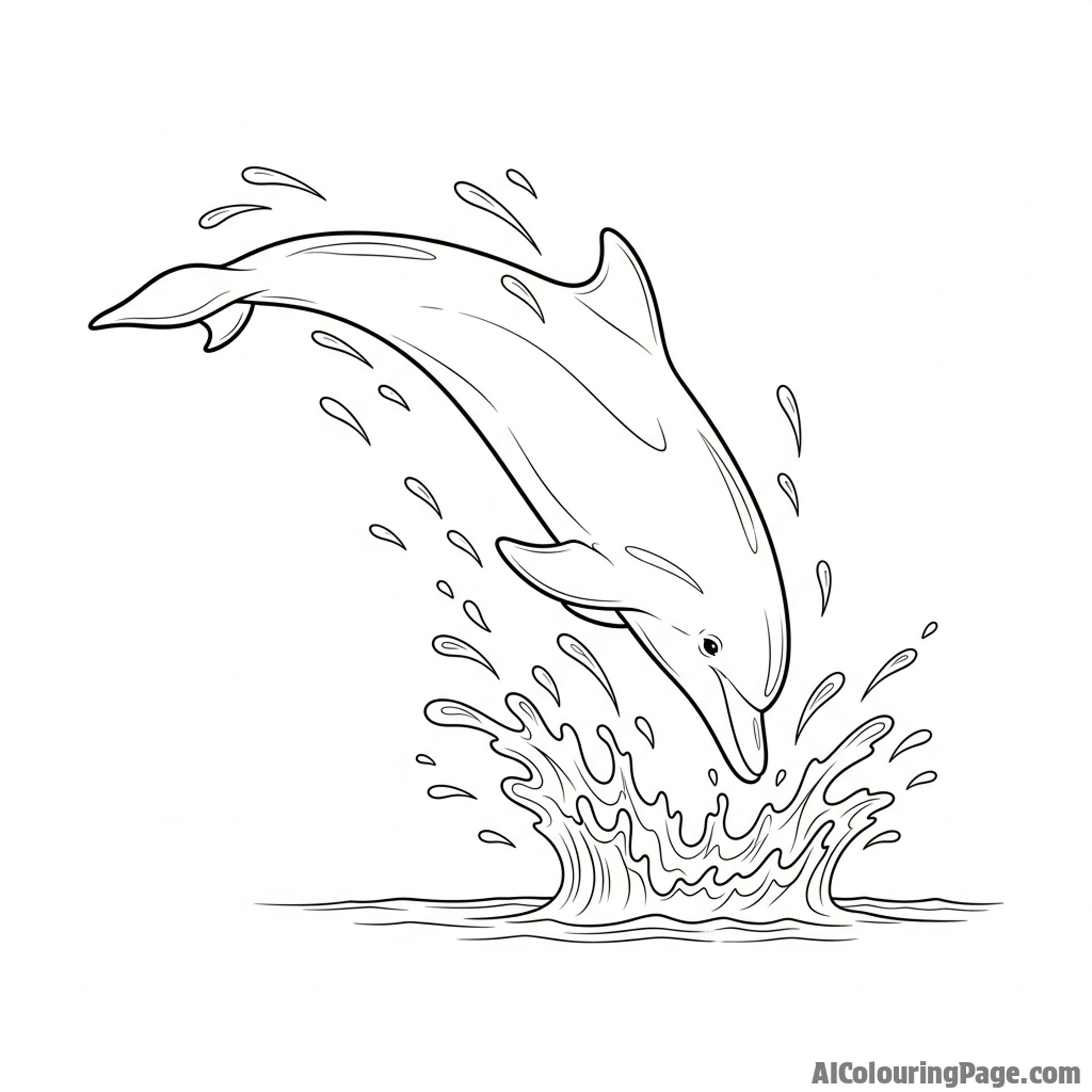A high-speed photograph freezing the exact moment a dolphin re-enters the water, with individual droplets suspended in air.