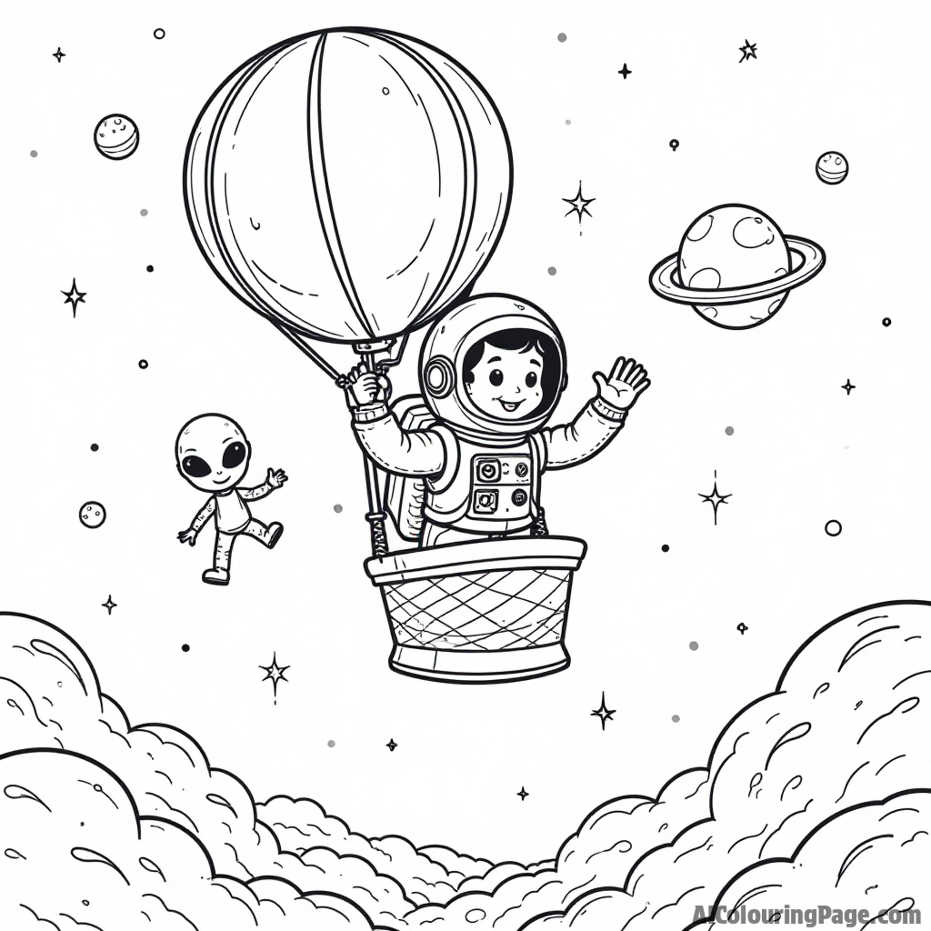 An astronaut in a hot air balloon, floating above planets and stars, with a friendly alien waving, perfect for adventurous kids to color their own space adventure.