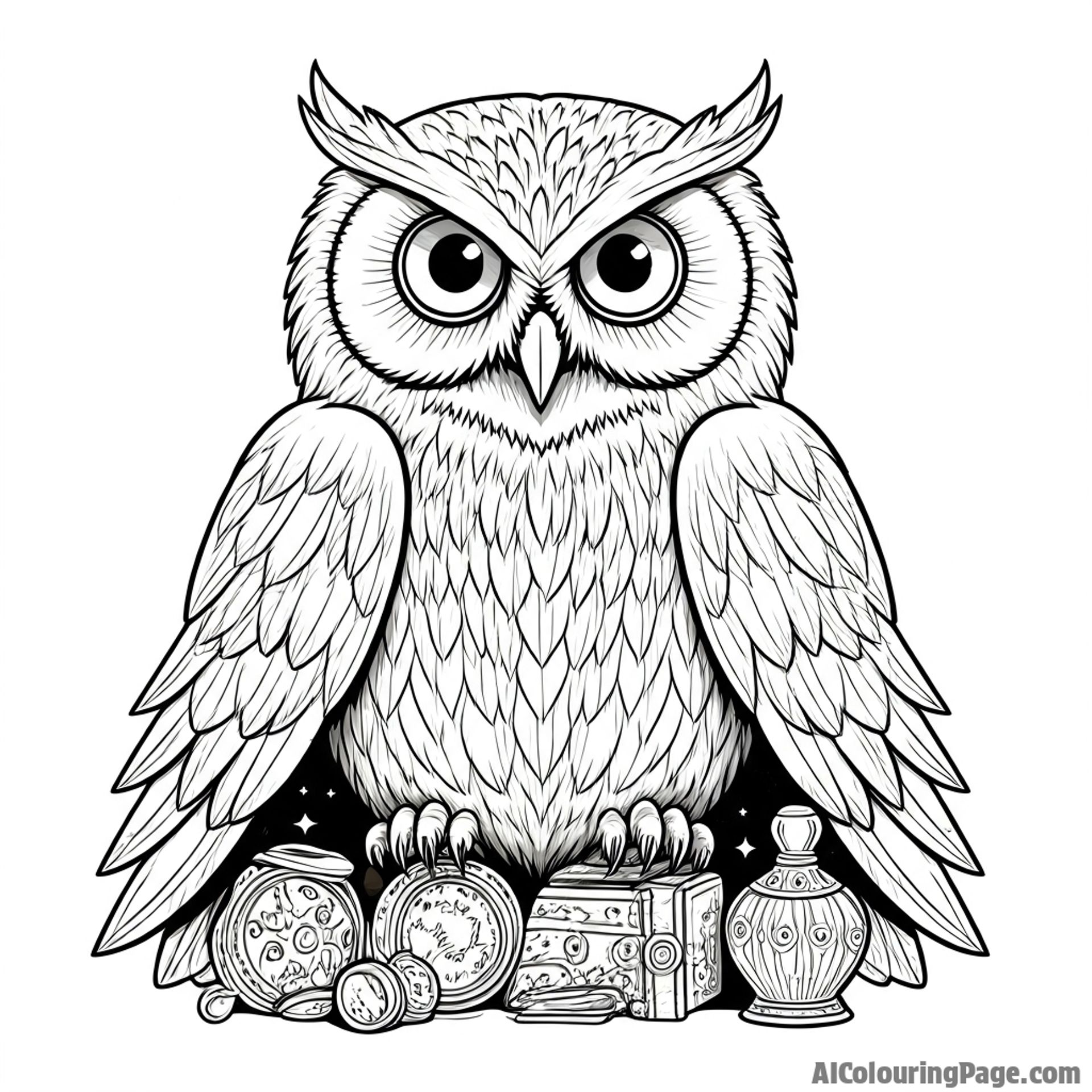 An owl protecting a hidden cache of magical artifacts.