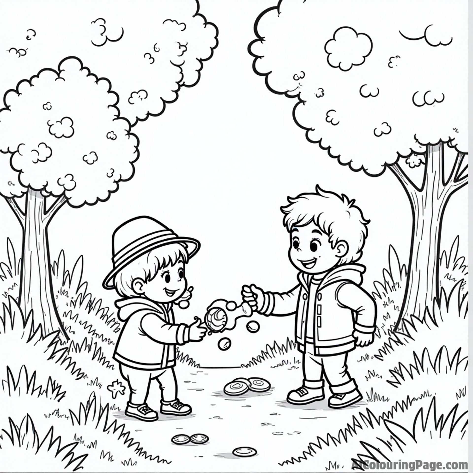 A playful treasure hunt scene with children searching for hidden candy treasures among bushes and trees for delightful coloring.