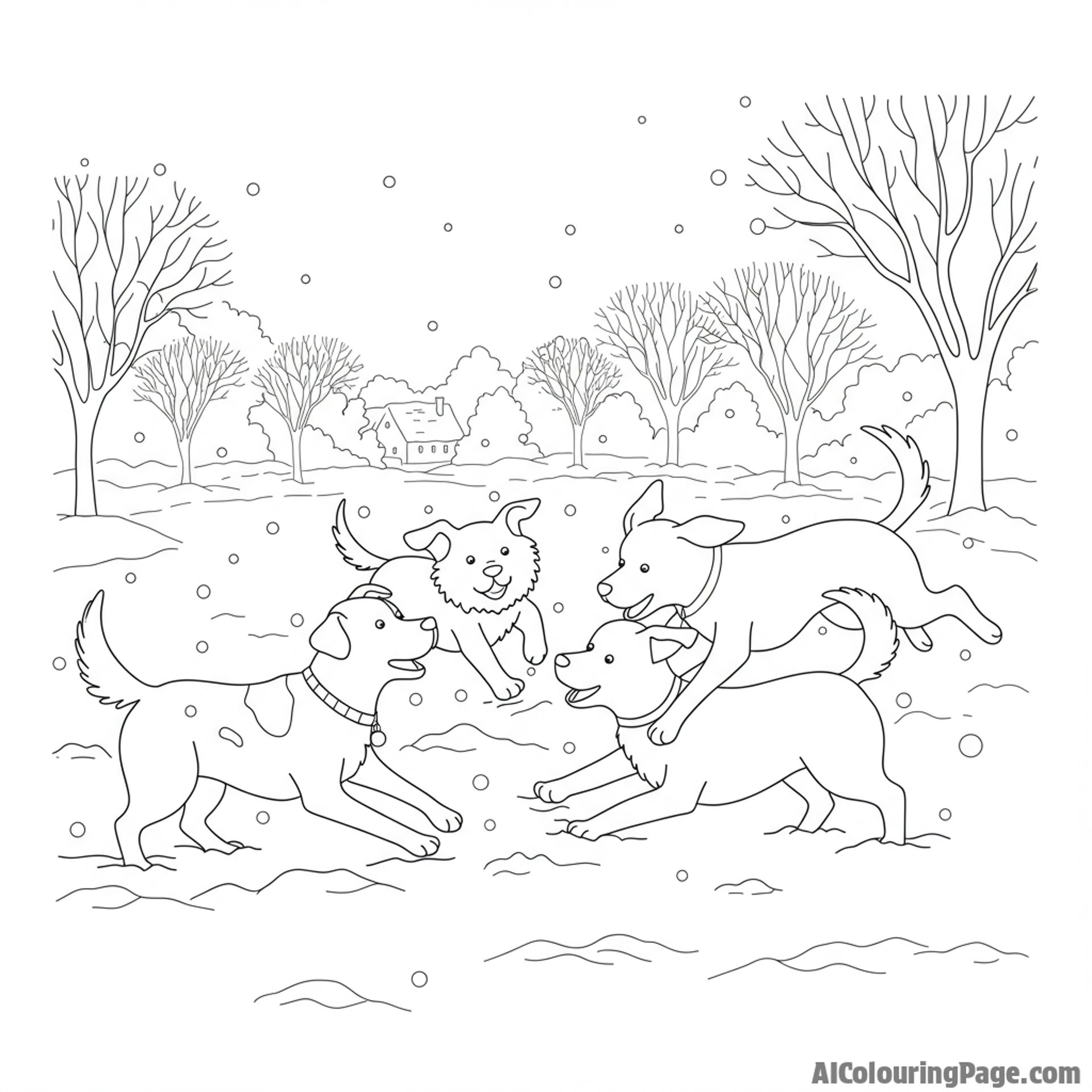 Dogs playing happily in a snow-covered park, boundless enthusiasm.