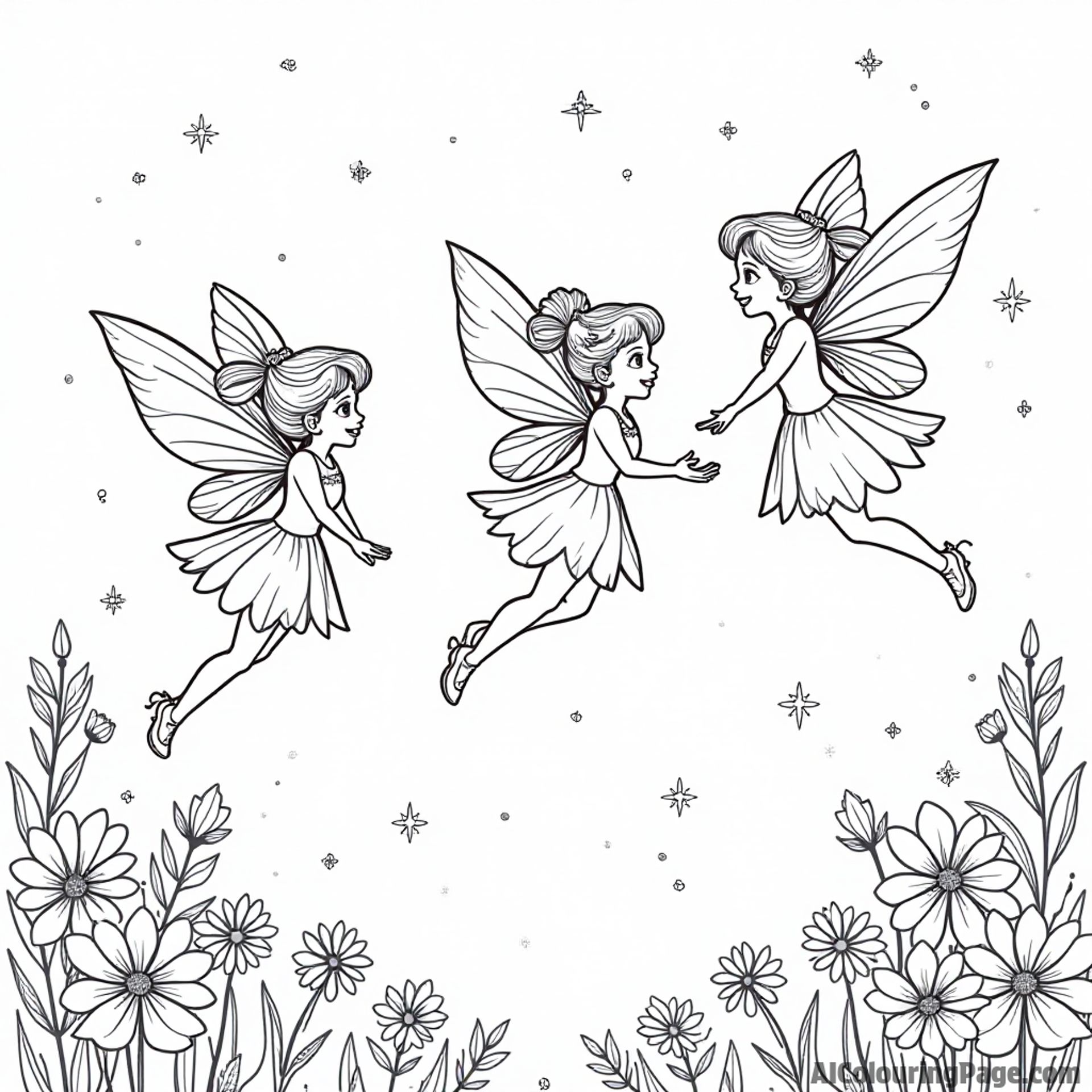 Blossom, Bubbles, and Buttercup dressed as fairies, flying above a magical garden filled with flowers and sparkling lights