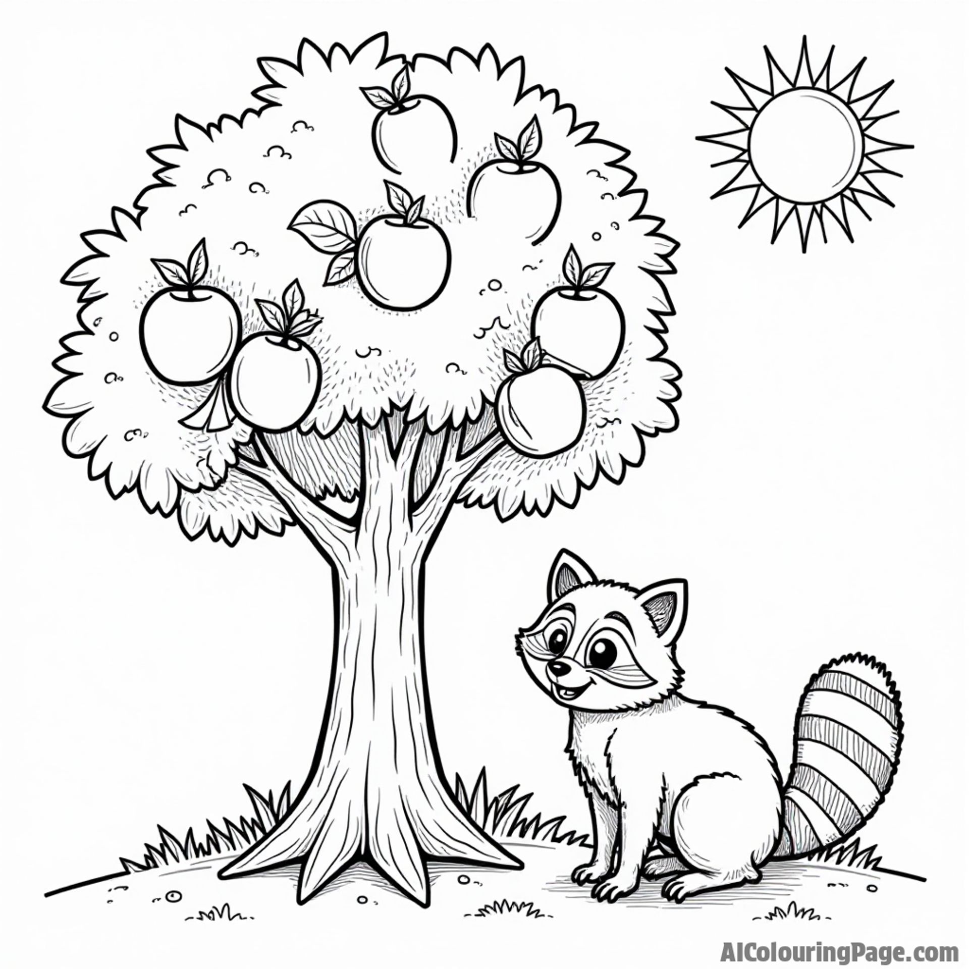 A charming peach tree with ripe peaches, a happy raccoon, and a sunny sky, representing Georgia in the USA coloring pages.