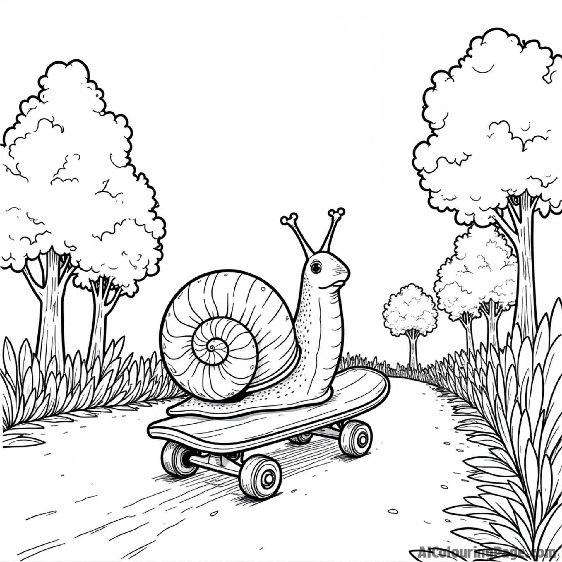 A snail on a skateboard, rolling down a hill with trees and flowers lining the pathway, for kids to color.