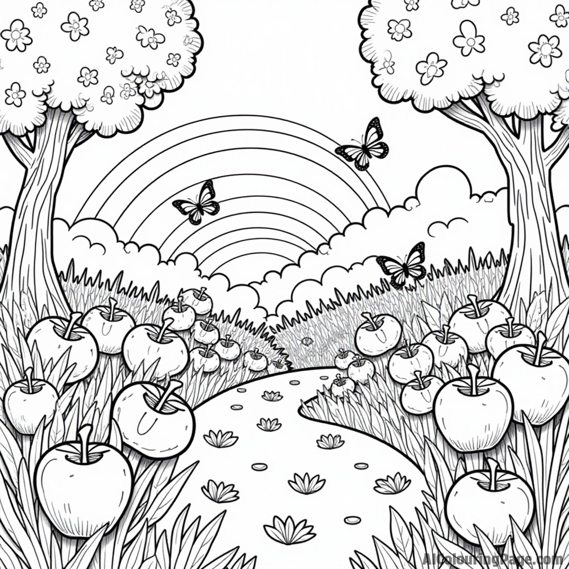 A magical garden filled with dancing apples, butterflies, and a rainbow, creating a vibrant coloring scene for kids.