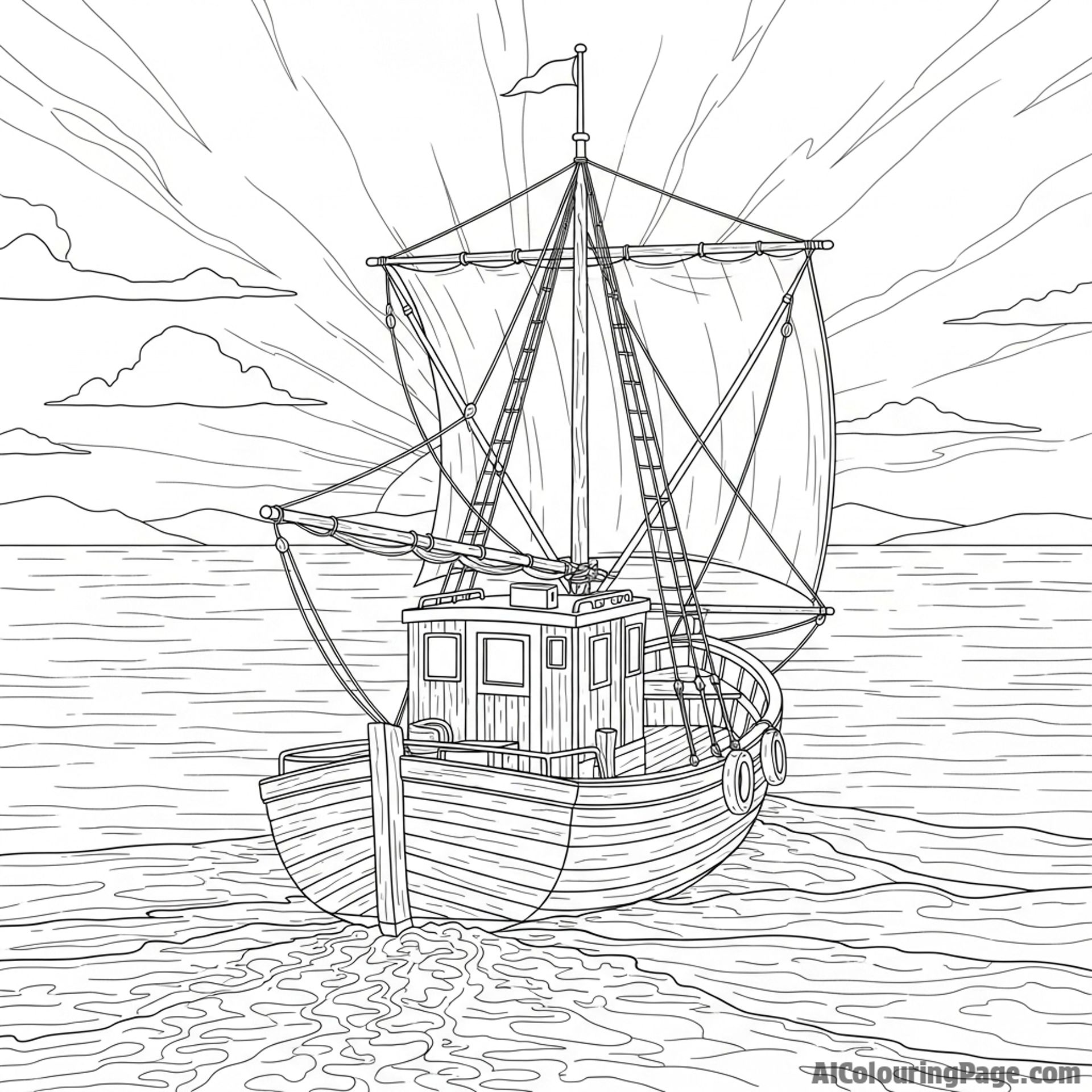 A small fishing boat returning to shore at dawn.
