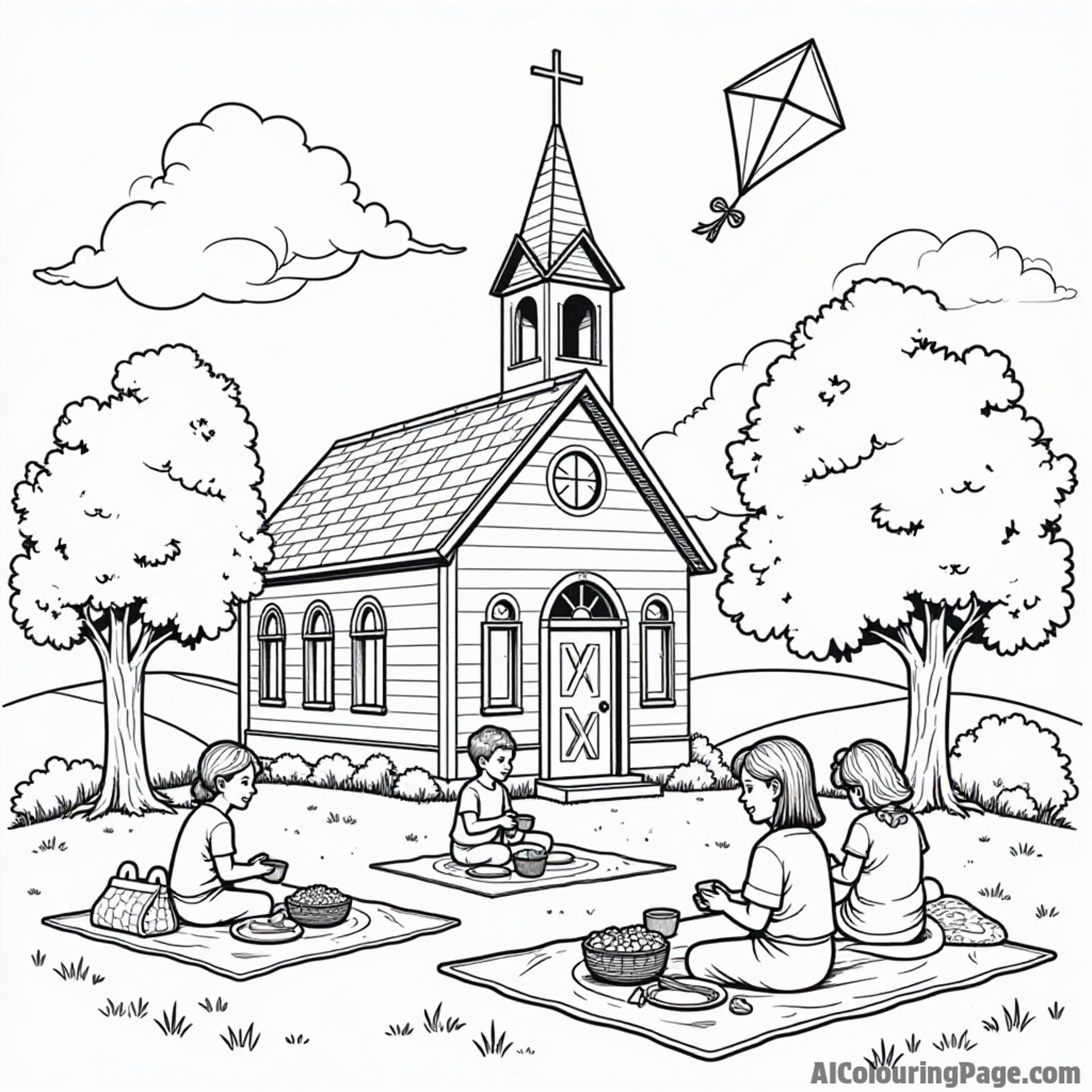 A church picnic scene with families enjoying food on blankets, trees providing shade, and a fun kite flying above.