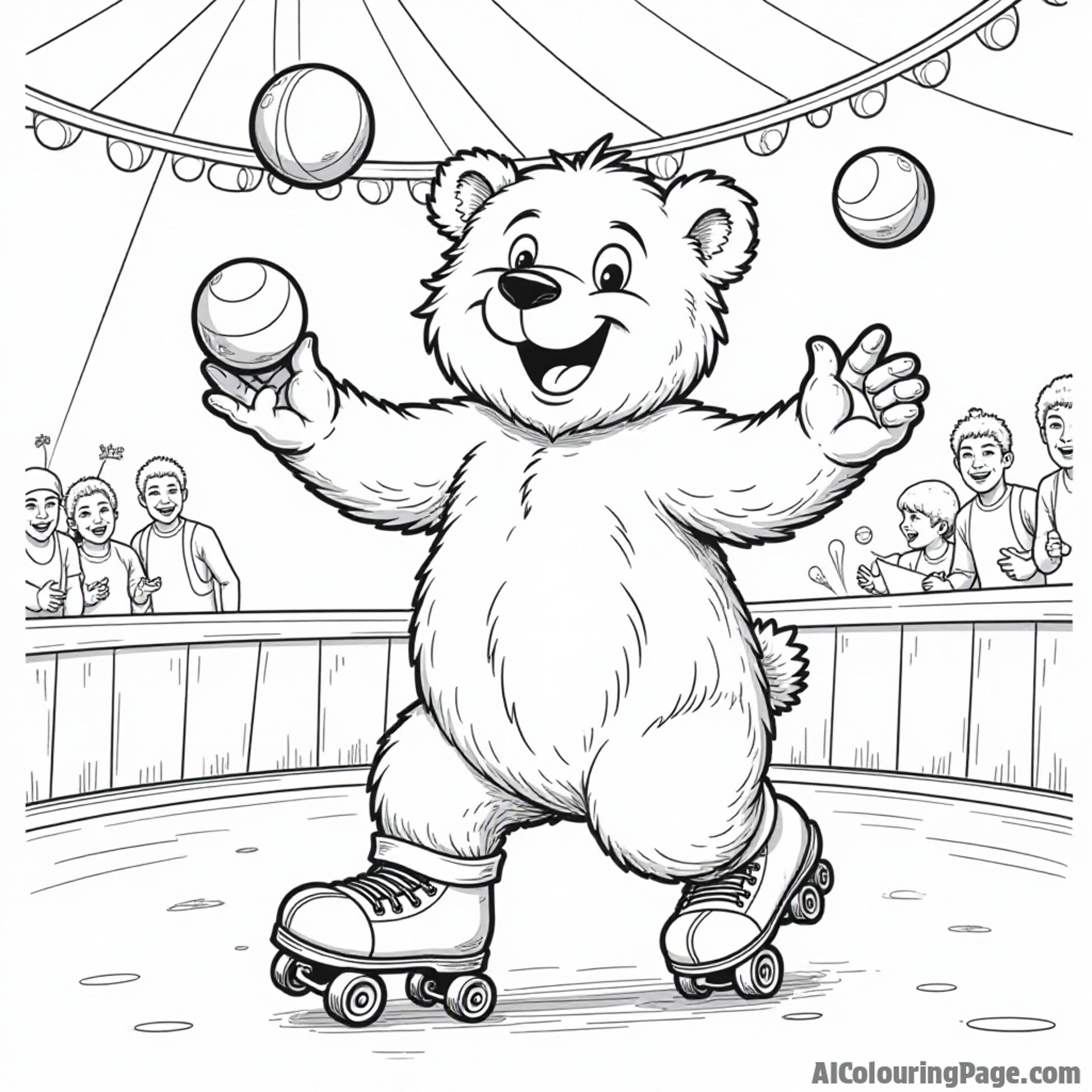 A whimsical scene of a bear roller-skating in a circus, juggling colorful balls, blending humor and sports activities in a fun-filled coloring page for children to enjoy.