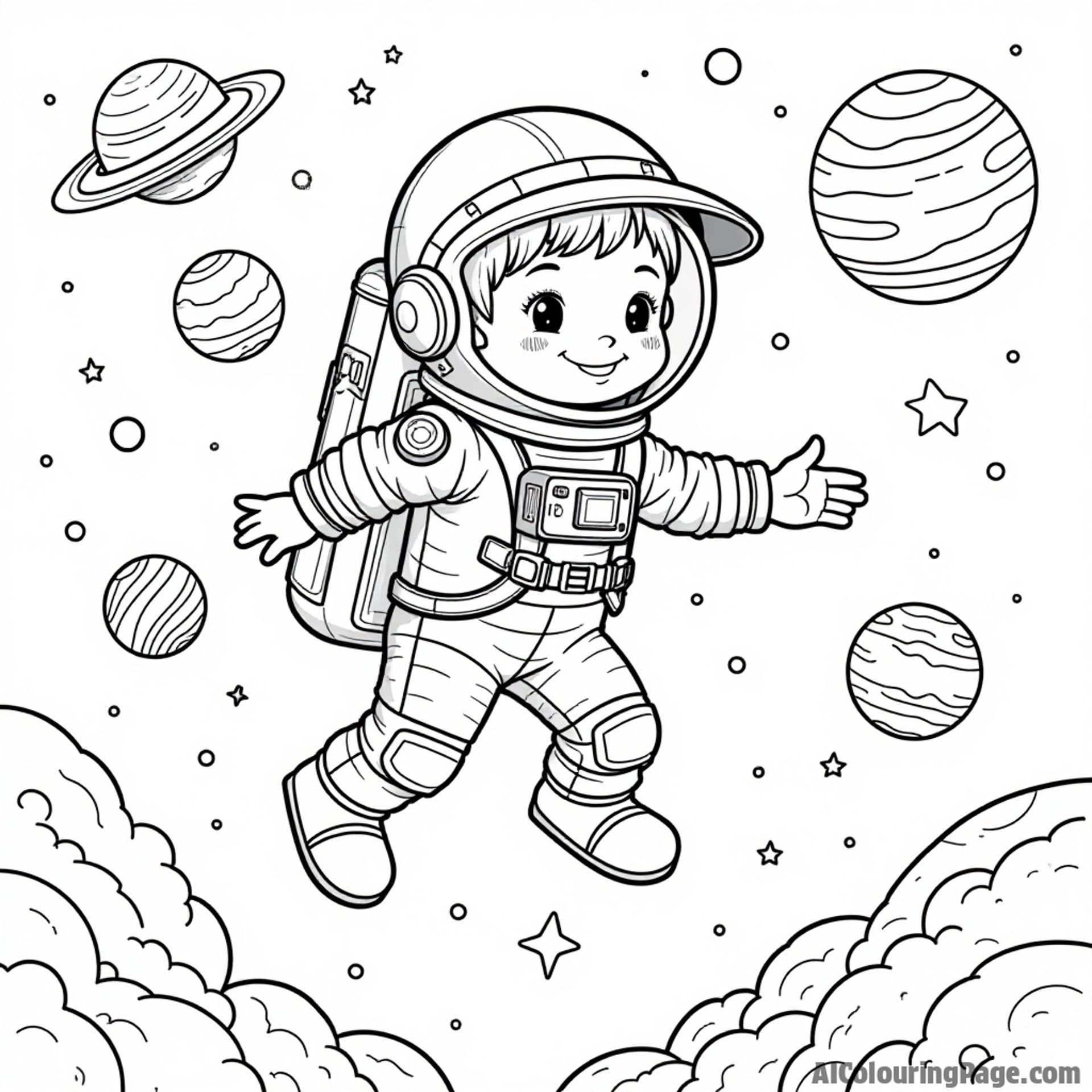 A young astronaut wearing an explorer hat, floating in space, surrounded by colorful planets and stars, embarking on an out-of-this-world adventure for a cosmic coloring page.