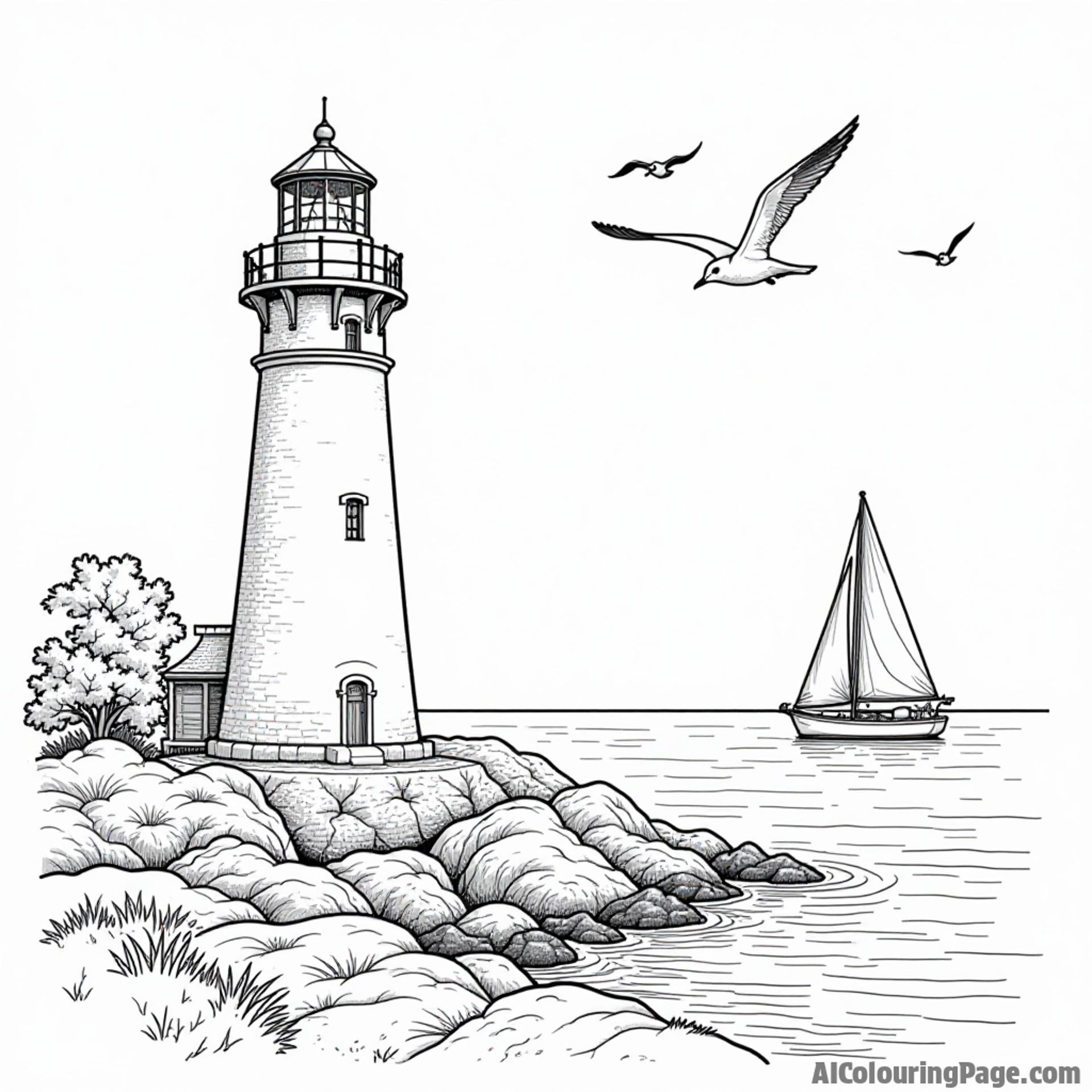 A lighthouse by the ocean, a sailboat, and seagulls flying above, showcasing Massachusetts coastal beauty for coloring fun.