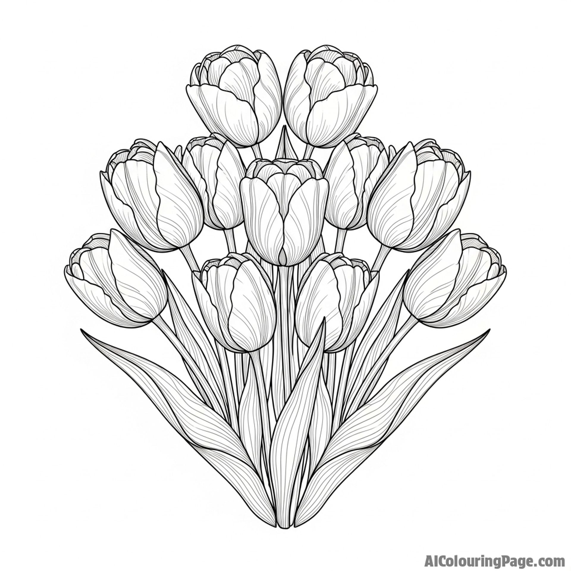 Tulips in a row, symmetrical composition, bright conditions.