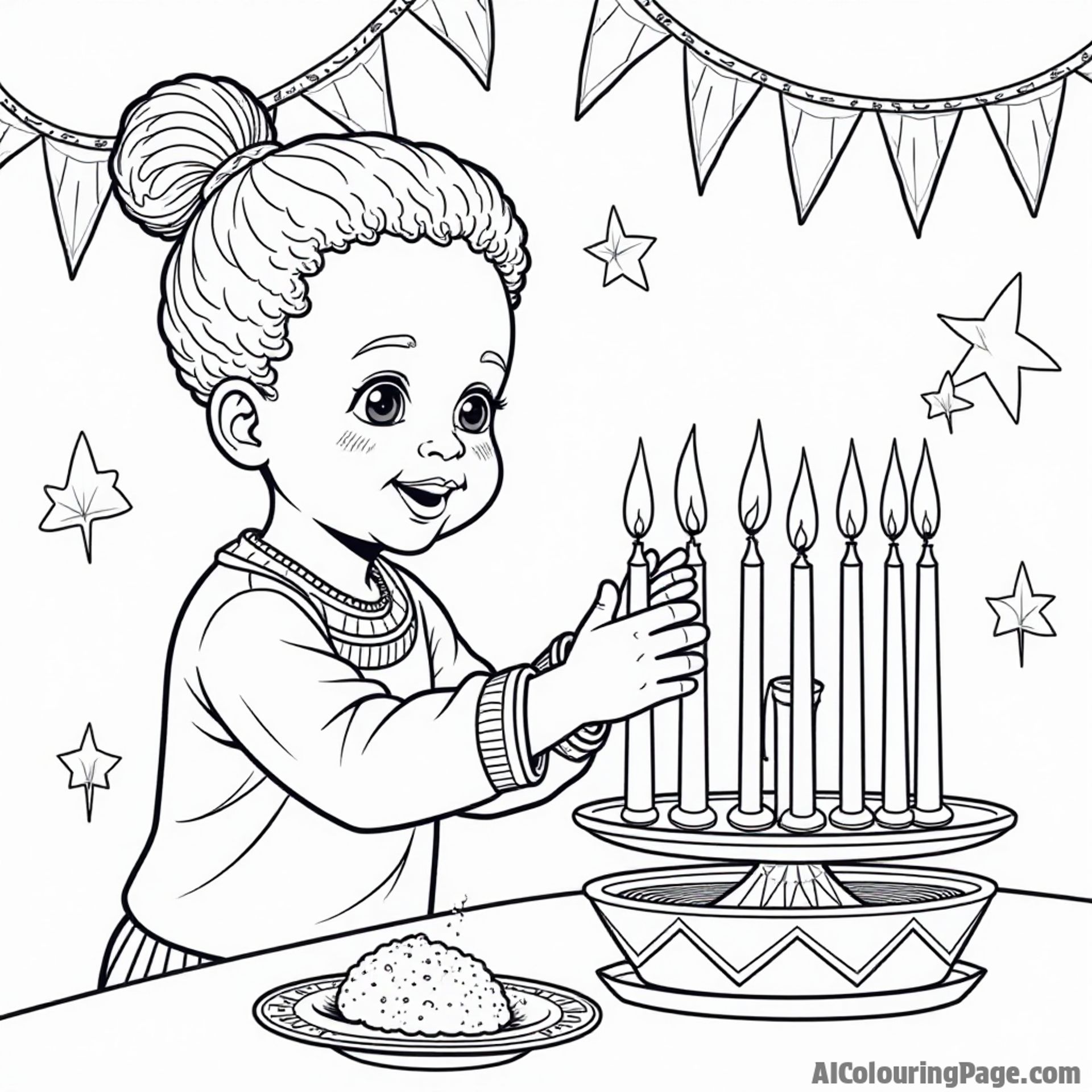 A child lighting the candles on a kinara during Kwanzaa, with festive decorations in the background, showcasing unity and joy, ideal for a black and white coloring book image.